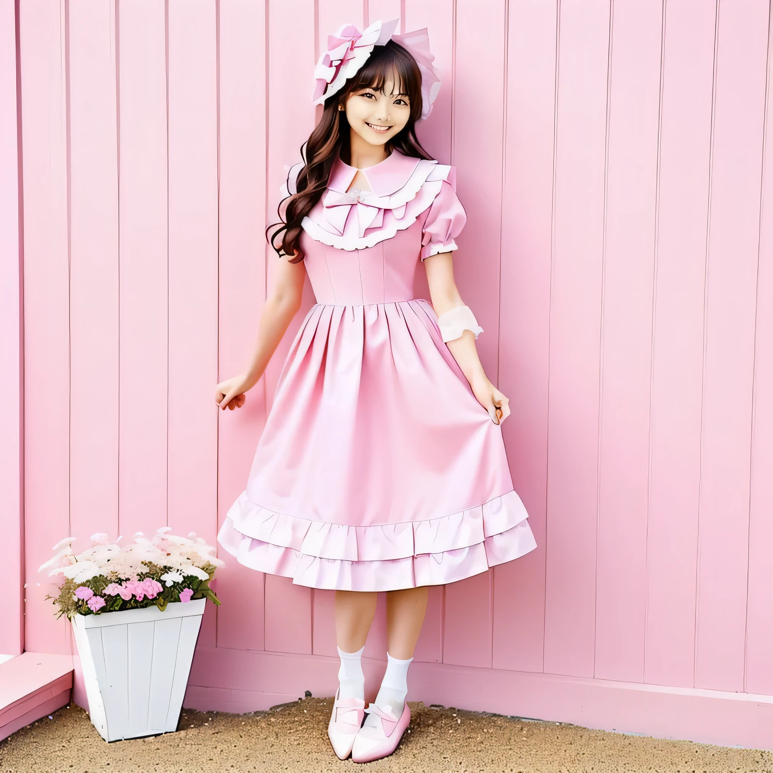 A fifty-year-old girl wearing a pink dress and white shoes stands in front of a pink wall, pastel', Cute Style, pastel, sakimichan, Soft and cute colors, Frilled collar, Portraiture!!, in pastel colors, Ruffled Costume, Magical Girl Style, Caitlin Mini Cute Style, Rococo frill dress, Lolita Style
