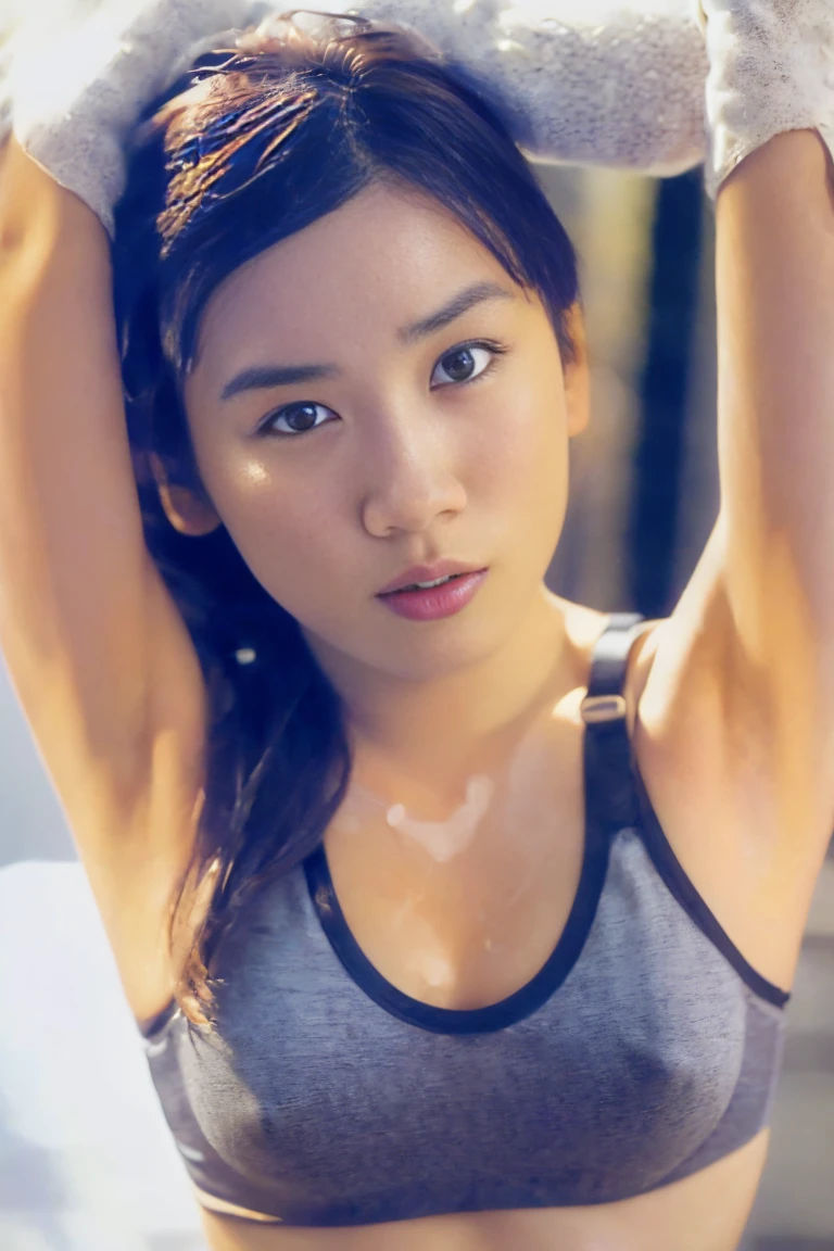 Browsing Caution, (Realistic, highest quality, RAW Photos, ((Upper Body)), Looking at the audience), to be born, masterpiece, Very detailed photos, highest quality, Ultra-high resolution, Realistic, Alpenglow, alone, Beautiful 30 year old Japan woman, Slender body、(Slim waist :1.3)、Small breasts:1.5, (((Light gray sports bra))), (((Hotel, On the bed))), Detailed face, Fine Eyes, Freckles on the face, blush:1.5((Light brown hair, Short straight bob hair)), (1 female, alone), (((Sleep on your back:1.5, From above, Upper Body,Pose with arms raised to show armpits:1.5, Put your arms behind your head:1.5, looking at the camera))), Japanese women, Small breasts, ((orgasm)), (highest quality), (Very detailed), (masterpiece), (wallpaper), (hyperDetailed face), Beautiful breasts, take up, Female dog, sexy, Golden Ratio, Beautiful woman,cute、 Embarrassing、Erect nipples, hyperDetailed face、Lip details、Detailed eyes,