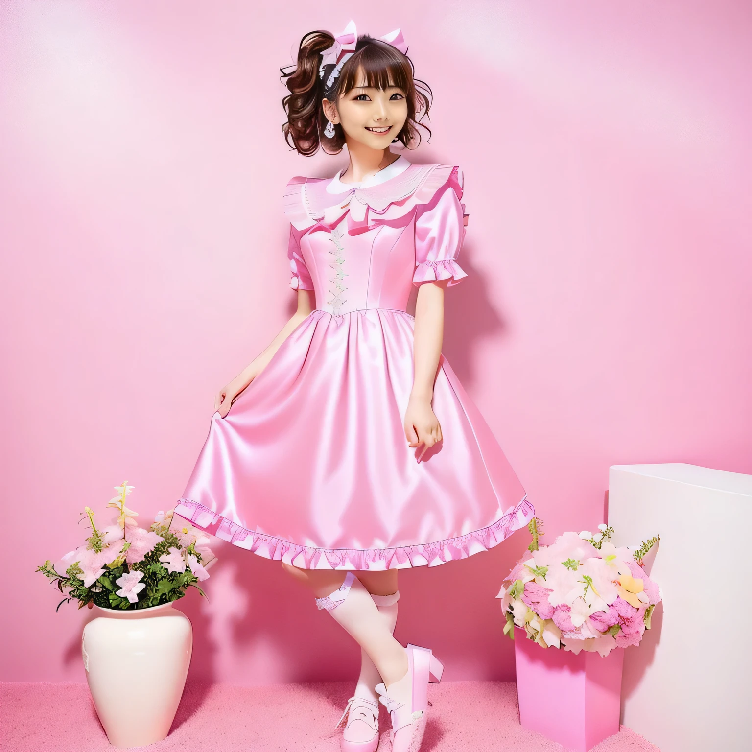 A fifty-year-old girl wearing a pink dress and white shoes stands in front of a pink wall, pastel', Cute Style, pastel, sakimichan, Soft and cute colors, Frilled collar, Portraiture!!, in pastel colors, Ruffled Costume, Magical Girl Style, Caitlin Mini Cute Style, Rococo frill dress, Lolita Style