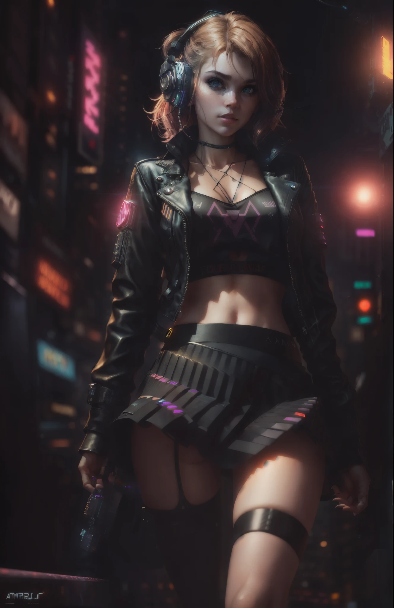 Best Quality, Realistic, Realistic, Award-Winning Illustration, (Complicated Detail: 1.2), (Fine Detail), (Complicated Detail), (Cinematic Lights, Best Quality Backlight), Crisp Lines, Crisp focus, official art, unity 8k wallpaper, absurd, unbelievably absurd, huge file size, ultra- (in_main_street:1.21), (neon lamp), fantasy art, rtx,((triangle closeup photo by award winning studio )), 1girl, very pretty, (shut up), small , ((Cyberpunk city Street, Battle Maiden)), perfect hands, beautiful detailed eyes, Perfect Face, (Cyberpunk blouse, leather jacket, Martin boots) ,,(headphones_around_hair),((pleated skirt) ), ((supermodel pose)),