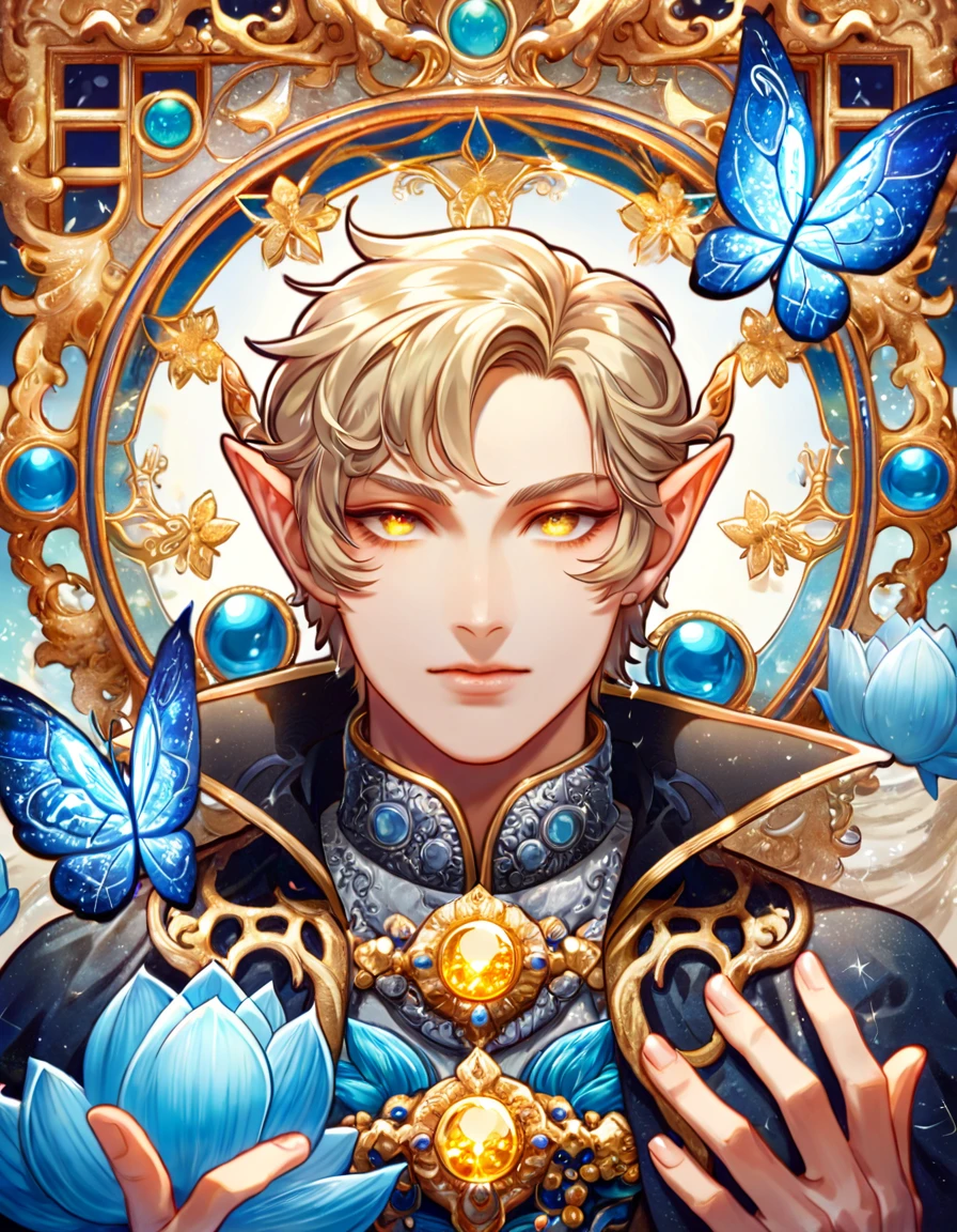 (absurdres, highres, ultra detailed, HDR) master piece, best quality, delicated features, Sun Wukong, long ash-blonde hair, without bangs, expressive yellow eyes, omniscient reader's viewpoint, slightly pointed ears, solo, sexy man black cape, jewelry, patterns, magical fantasy, blue butterflies, glittering, sparkling, blue lotus, petals, radiant, water