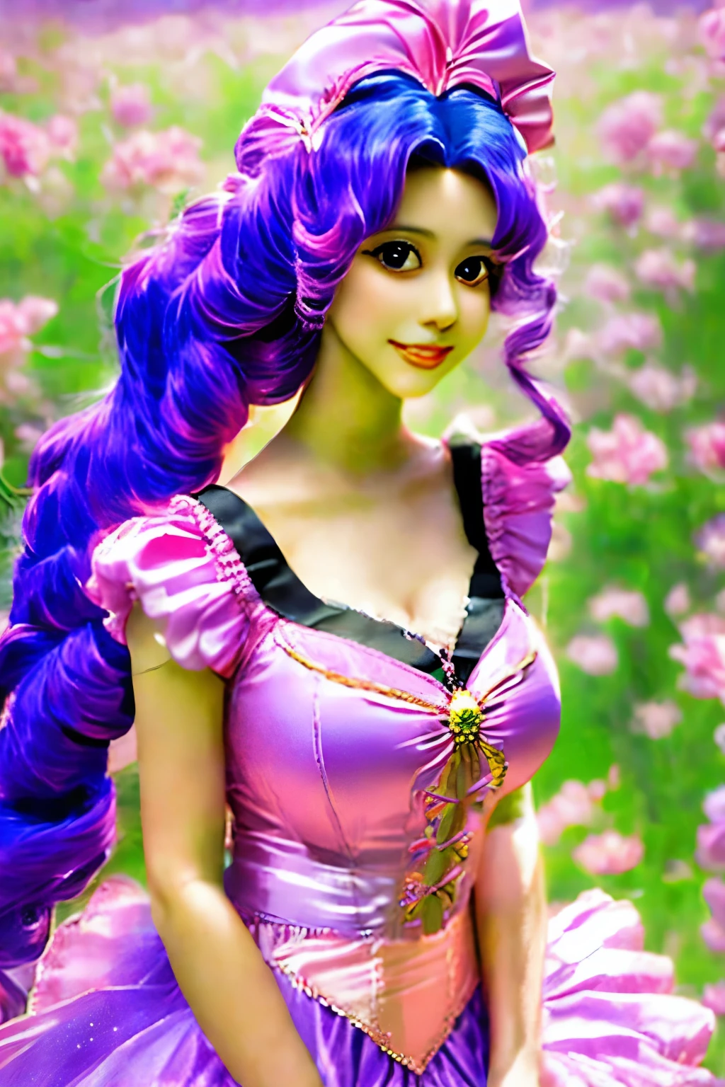 a close up of a doll with a pink dress and a purple hat, glamourous cosplay, ornate cosplay, anime character; full body art, elegant glamourous cosplay, aesthetic!!!!!! female genie, the sailor moon. beautiful, anime barbie doll, princess intergalactica, angelic pretty, 🌺 cgsociety, inspired by Sailor Moon, ((a beautiful fantasy empress))