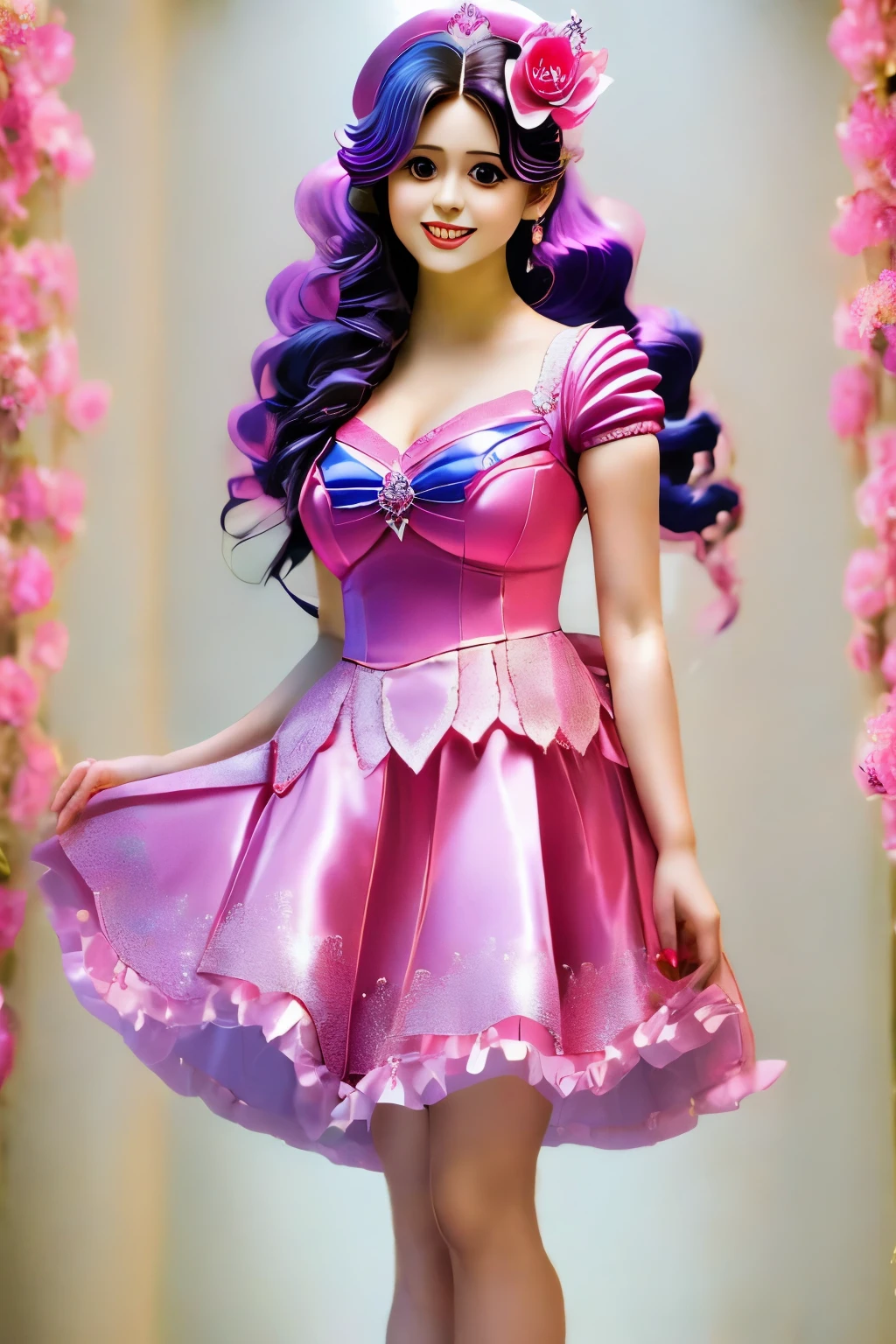 a close up of a doll with a pink dress and a purple hat, glamourous cosplay, ornate cosplay, anime character; full body art, elegant glamourous cosplay, aesthetic!!!!!! female genie, the sailor moon. beautiful, anime barbie doll, princess intergalactica, angelic pretty, 🌺 cgsociety, inspired by Sailor Moon, ((a beautiful fantasy empress))