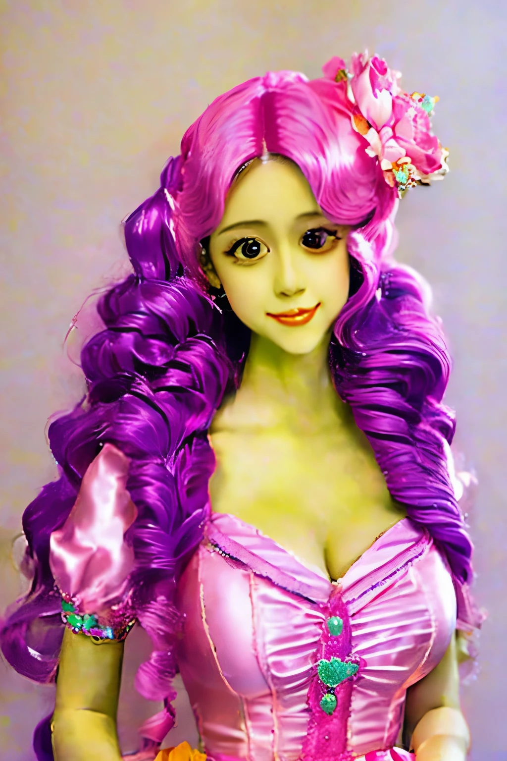 a close up of a doll with a pink dress and a purple hat, a pastel inspired by Sailor Moon, tumblr, rococo, glamourous cosplay, ornate cosplay, anime character; full body art, elegant glamourous cosplay, aesthetic!!!!!! female genie, the sailor moon. beautiful, anime barbie doll, princess intergalactica, angelic pretty, 🌺 cgsociety