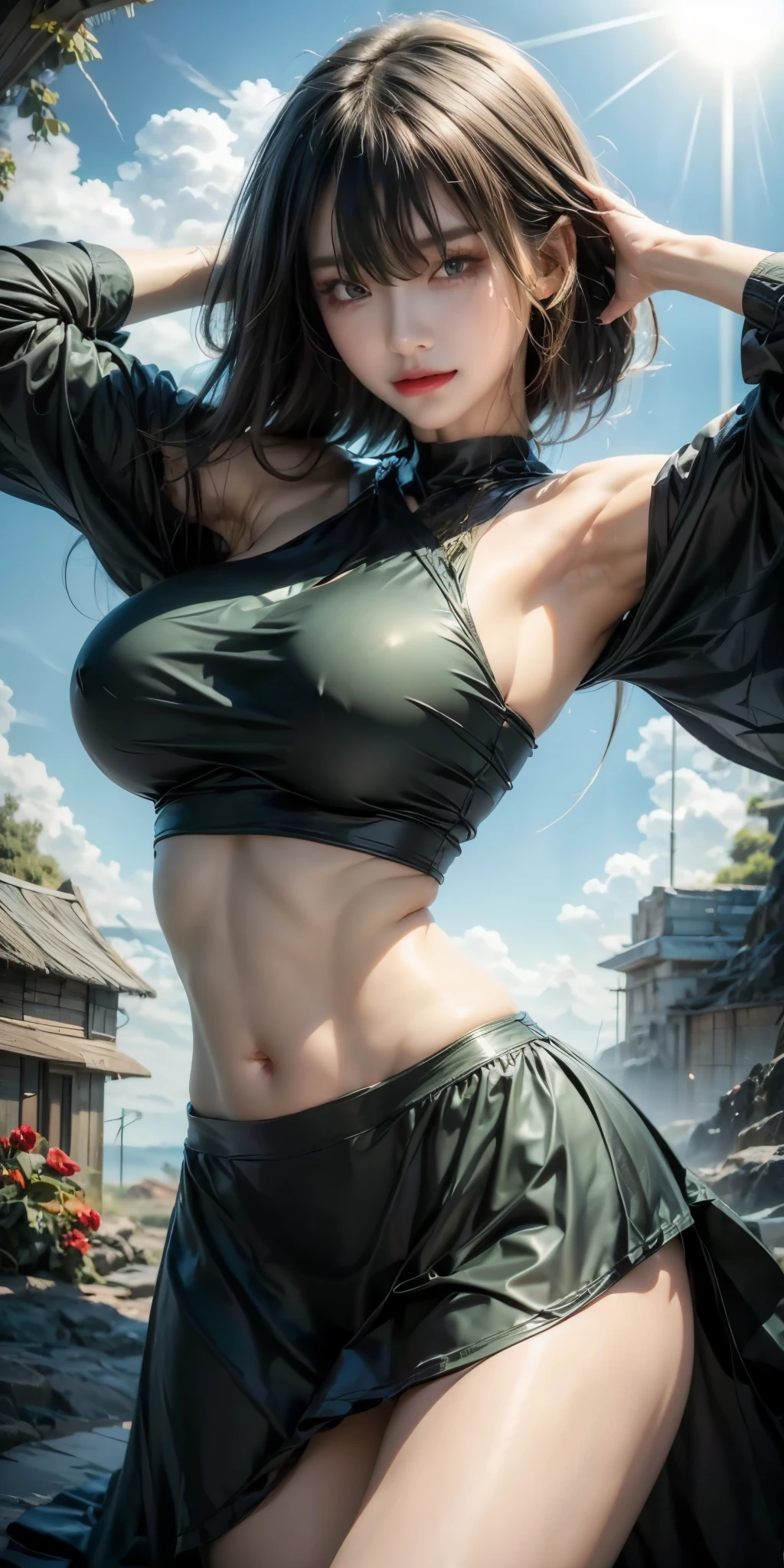 realistic, 1gril, per HD, 12k, beautiful breasts, looking at the camera, sitting on the sofa, long black hair, facial details, detailed person, body details, clothing details, hair details, body details, body details, breast details, vagina details, clothes, eye details, sweat details, water details, pose (knees bent and legs wide apart) whole body