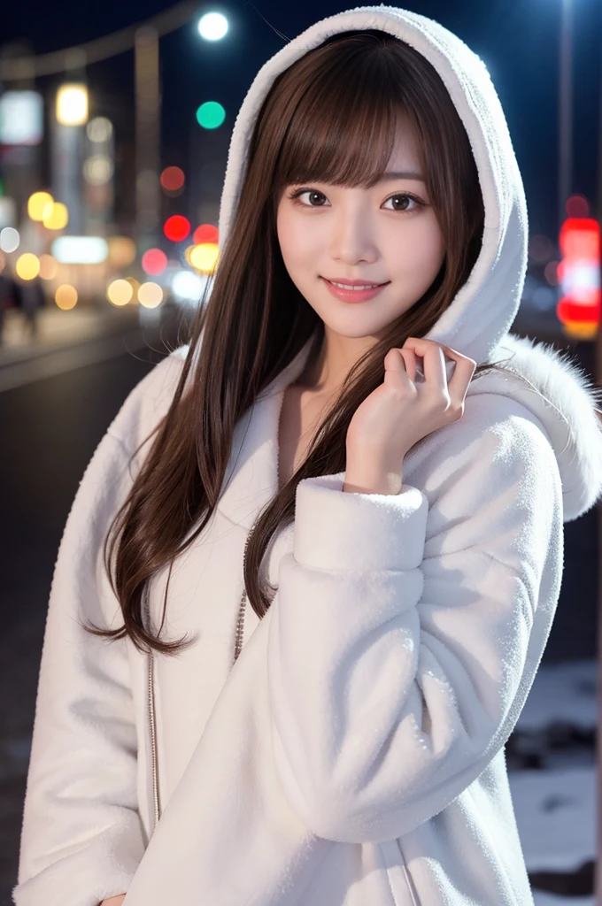 masterpiece、1 beautiful girl、Detailed eyes、Puffy eyes、highest quality, 超A high resolution, (reality: 1.4), Cinema Lighting、Japanese、Asian Beauty、so beautiful、Beautiful Skin、thin、Body facing forward、(超reality的な)、(High resolution)、(8k)、(Very detailed)、(beautiful Detailed eyess)、(Very detailed)、 (wall-)、Detailed face、Bright lighting、Professional Lighting、Looking at the audience、Look straight ahead、White fur coat with hood、Long Hair, Asymmetrical bangs, 、Night view、Brown Hair、Japanese Idols、Korean Idol、Fiery idol pose、、23 years old、expensive, smile, North、Snow-covered scenery、