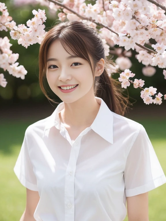 （​masterpiece、high-level image quality、sharp focus）、Wearing a school white shirt with short sleeves、one shirt on is missing, A Japanese Lady、17 arfect anatomia、Precise and beautiful limbs), simple girl with little smile, wind blows hair, short ponytail, big  , Cherry blossoms, 