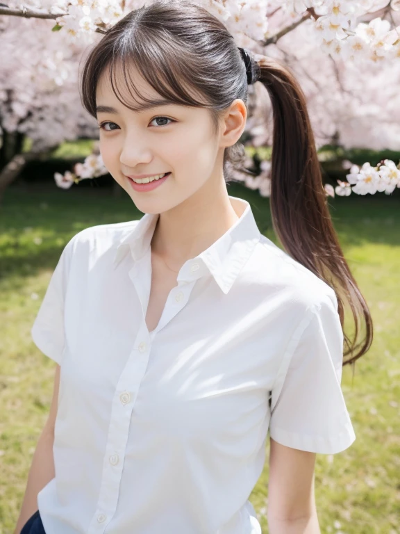 (masterpiece、high-level image quality、sharp focus)、Wearing a school white shirt with short sleeves、one shirt button is missing, A Japanese Lady、、(perfect anatomia、Precise and beautiful limbs), simple girl with little smile, wind blows hair, short ponytail, big , Cherry blossoms,