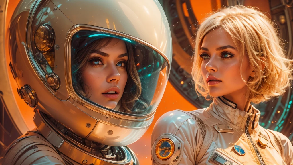 arafed image of a white woman in a futuristic suit with a spaceship in the background, movie art, in front of an orange background, inspired by Robert McGinnis, female protagonist, megastructure in the background, portrait of an ai astronaut, astronauts, an astronaut, portrait of a astronaut skeletor, perfect android girl, detailed eyes, perfectly detailed teeth, frank franzzeta and sakimichan