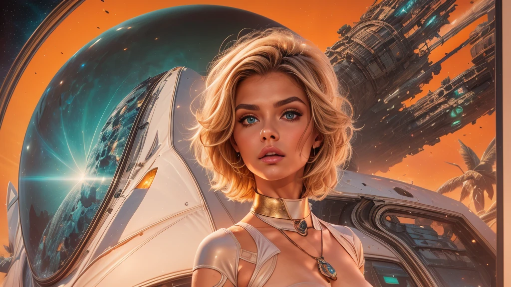 arafed image of a white woman in a futuristic suit with a spaceship in the background, movie art, in front of an orange background, inspired by Robert McGinnis, female protagonist, megastructure in the background, portrait of an ai astronaut, astronauts, an astronaut, portrait of a astronaut skeletor, perfect android girl, detailed eyes, perfectly detailed teeth, frank franzzeta and sakimichan  