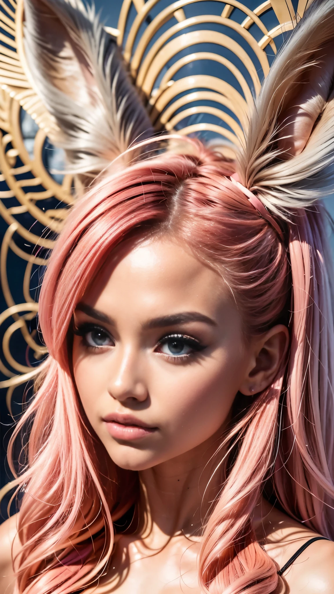 anime style, a closeup of a cartoon of a woman with ears and rabbit tail, with rabbit tail, with rabbit ears, girl design, mara, portrait, giesha, anime image, long hair, pink hair, hair covering ears, happy, polished and powerful look, exotic, tall  