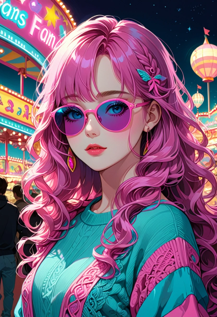 90s Cartoons, 1girl, solo, portrait of a beautiful girl with long wavy hair,bangs,at a carnival at night,wearing a sweater and pink sunglasses,cyan and magenta colors, (masterpiece, best quality, Professional, perfect composition, very aesthetic, absurdres, ultra-detailed, intricate details:1.3)