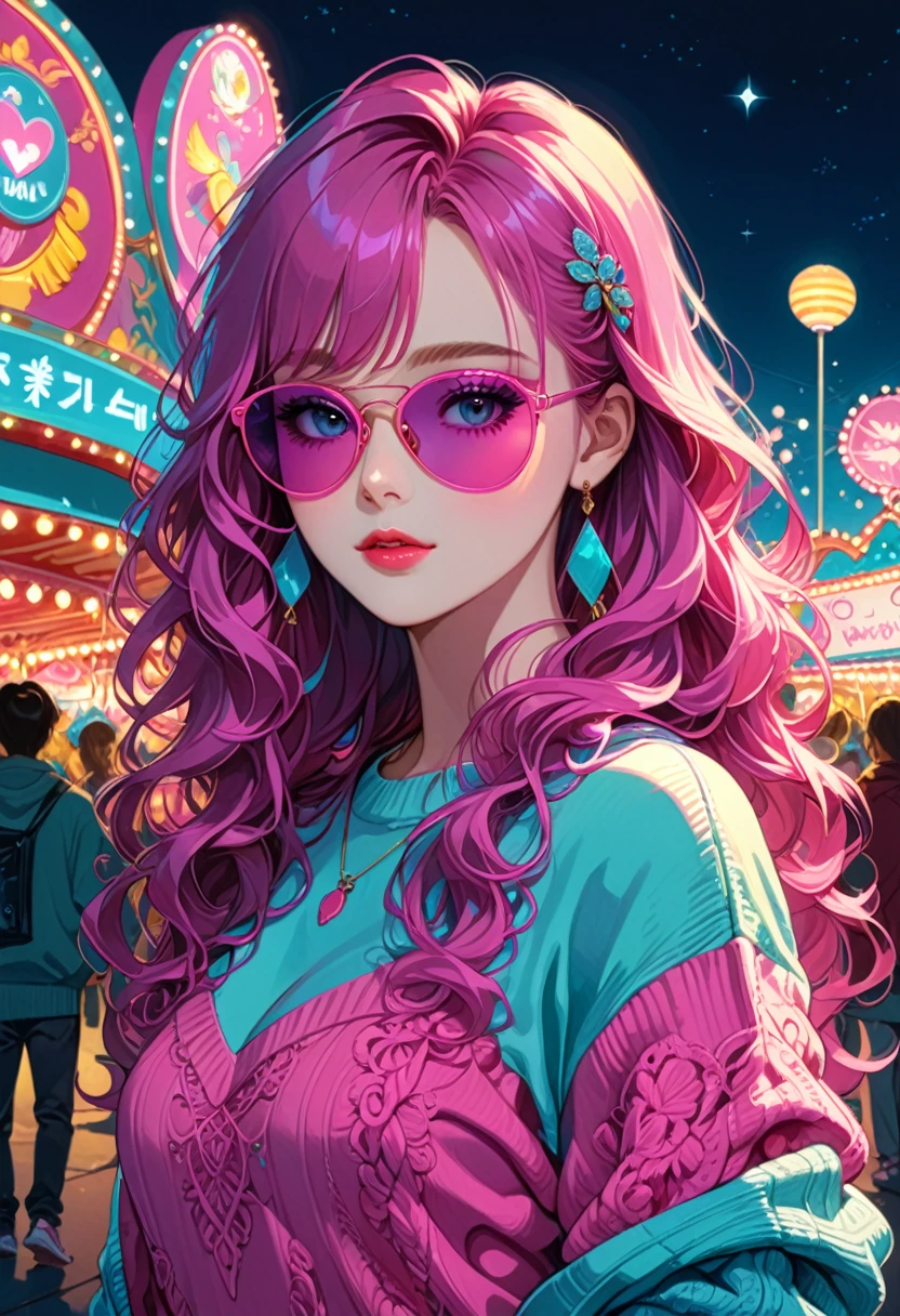 90s Cartoons, 1girl, solo, portrait of a beautiful girl with long wavy hair,bangs,at a carnival at night,wearing a sweater and pink sunglasses,cyan and magenta colors, (masterpiece, best quality, Professional, perfect composition, very aesthetic, absurdres, ultra-detailed, intricate details:1.3)