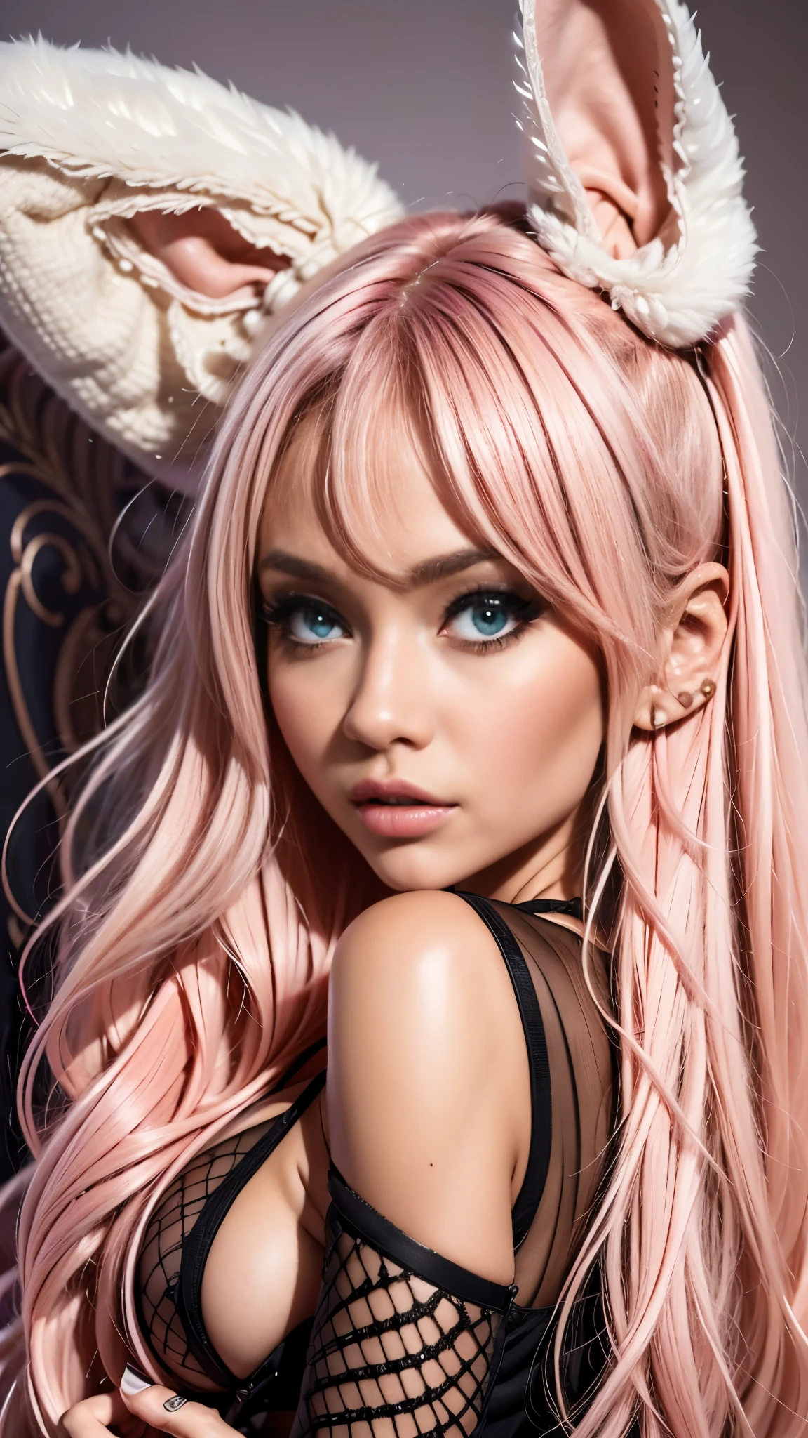 anime style, a closeup of a cartoon of a woman with ears and rabbit tail, with rabbit tail, with rabbit ears, girl design, mara, portrait, giesha, anime image, long hair, pink hair, hair covering ears, happy, polished and powerful look, exotic, tall