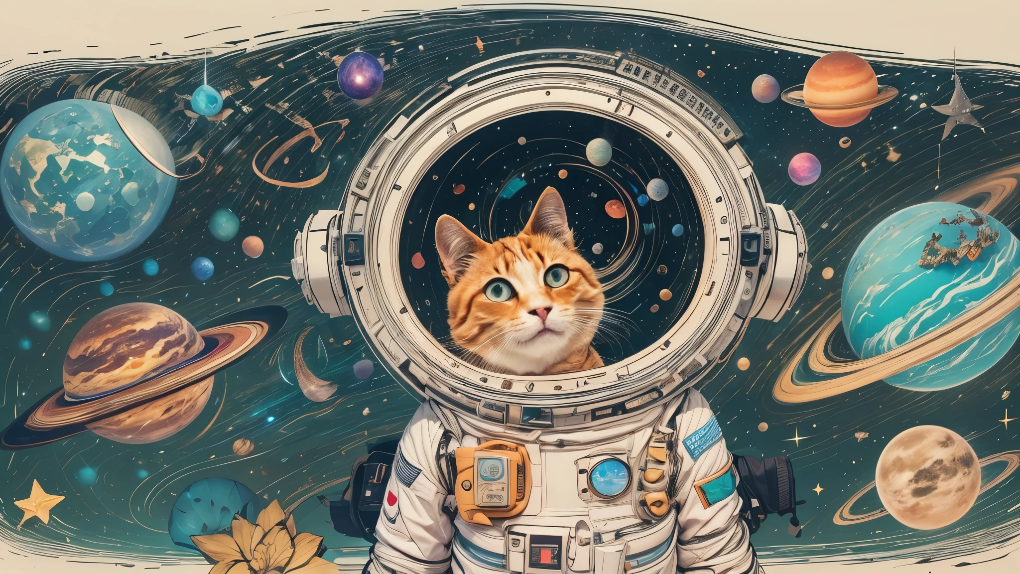 Cartoon illustration of a boy and a girl in space with cat, official fan art, in space, kitten in outer space, in outer space, in deep space, in galaxies, deep space exploration!!!, space travel, wearing in stars and planets, outer space, outer space, starry sky in space, in space, official art, space, on a spaceship, colorful, cute, more detailed, light, more realistic, cartoon