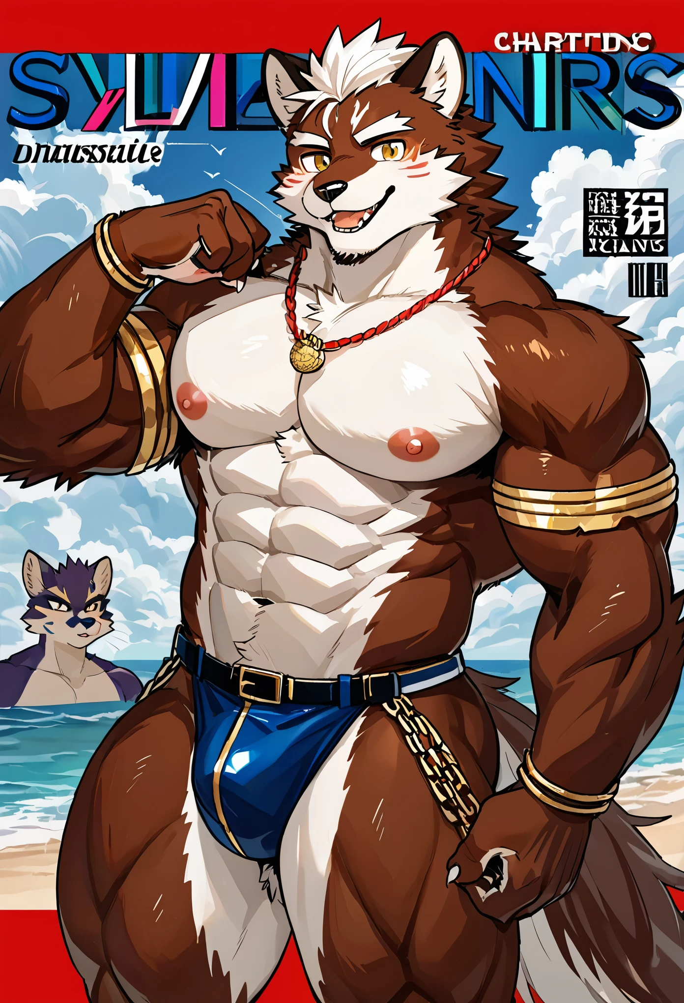 cover page, highres, top quality, best quality, paid reward available, unparalleled masterpiece, perfect artwork, absurdres, High-quality illustrations, absurdres, perfect anatomy(nice 1boy, kemono, muscle man)(furry, furry anthro:1.7)(Furry body, animal facial features, animal body features)(very detailed body fur)smile, portrait, cinematic lighitng,