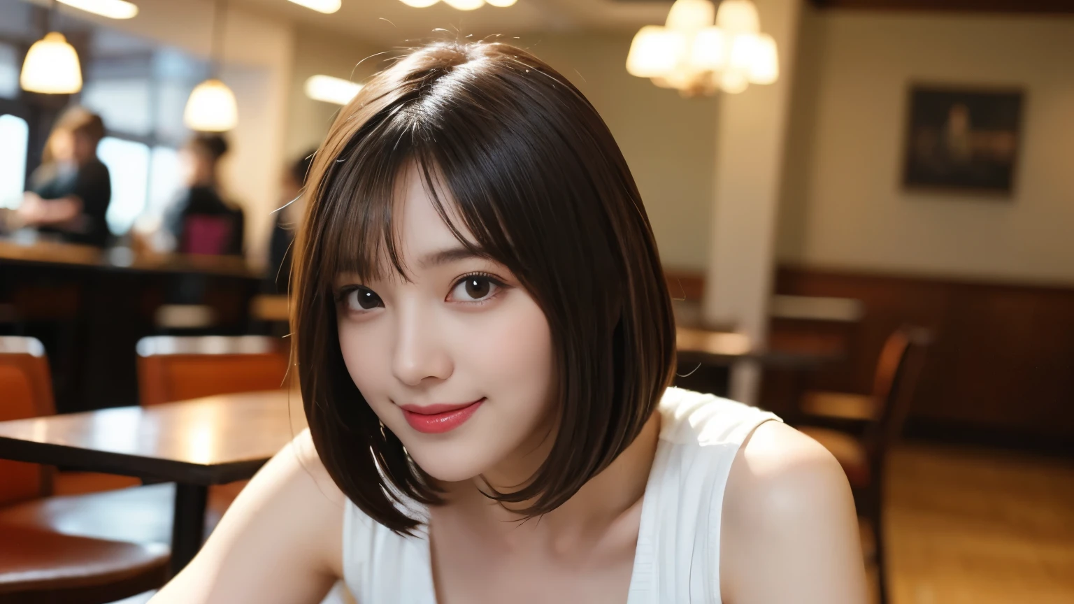 masterpiece, highest quality, figure, Super detailed, In detail, High resolution, 8k wallpaper, Perfect dynamic composition, Beautiful fine details, dress,Bob Cut Hair, Natural color lip, Random sexy poses,smile,Photographed inside the cafe,28 year old girl