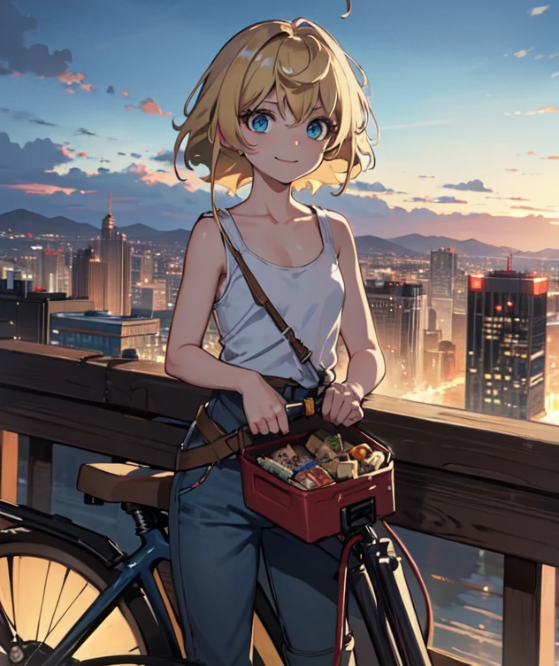 ((((masterpiece)))), expensive quality, very_expensive_solve, big_file size, full color, Steampunk featuring futuristic planets,, In big cities, Bustling foreigner market, and off-road bike. The main character is a beautiful girl with a beautiful upper body., short blonde hair, and a silvery smile., mechanized weapons. wearing a white tank top, Damaged Denim Shorts, Engineer boot, and off-road bikeに乗って.  beautiful anime