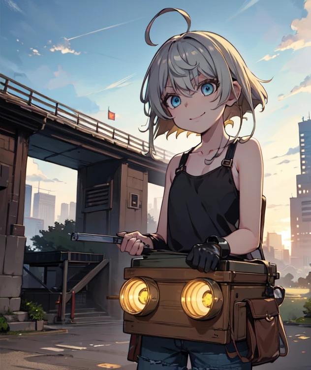 ((((masterpiece)))), expensive quality, very_expensive_solve, big_file size, full color, Steampunk featuring futuristic planets,, In big cities, Bustling foreigner market, and off-road bike. The main character is a beautiful girl with a beautiful upper body., short blonde hair, and a silvery smile., mechanized weapons. wearing a white tank top, Damaged Denim Shorts, Engineer boot, and off-road bikeに乗って. beautiful anime