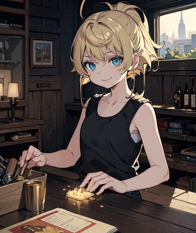 ((((masterpiece)))), expensive quality, very_expensive_solve, big_file size, full color, Steampunk featuring futuristic planets,, In big cities, Bustling foreigner market, and off-road bike. The main character is a beautiful girl with a beautiful upper body., short blonde hair, and a silvery smile., mechanized weapons. wearing a white tank top, Damaged Denim Shorts, Engineer boot, and off-road bikeに乗って. beautiful anime