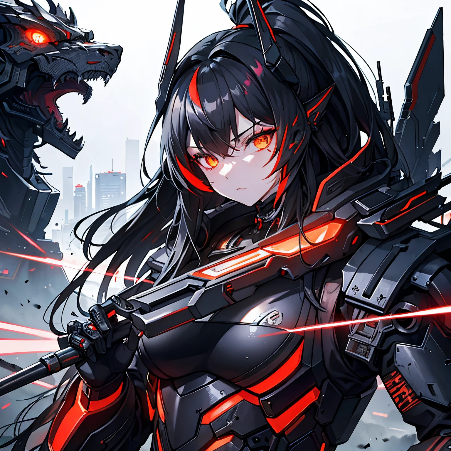 Cyberpunk themed artwork; A close-up of a long-haired female cyborg wearing a scratched mask with Japanese motifs and highly detailed tactical armor, in the Guweiz style, featuring a sharp dragon head, in black with neon accents, beautifully infected machine parts, a detailed feminine face, futuristic hairstyle, and terminals on the cyborg. The background is a cluttered and destroyed cityscape.