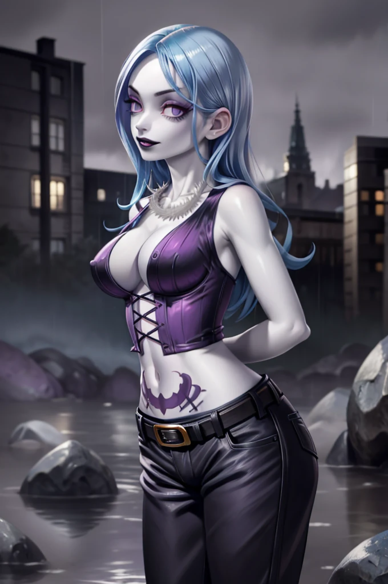 ((best quality)), ((highly detailed)), masterpiece, ((official art)), detailed face, beautiful face, (detailed eyes, deep eyes),(cowboy shot:1.1),juviagmg, blue hair, (lips), looking at viewer, upset (RockOfSuccubus),middle finger, large breasts, navel,(purple), cleavage, midriff, belt, pants, (tattoo:1.1), pubic tattoo,makeup, (colored skin:1.3), (black lips:1.3),(lipstick), (pale skin:1.5), cross-laced clothes, (spiked bracelet), necklace, bustier,scenary, city, outdoors, (rain:1.2), (water drop:1.2), night, sky, moon,intricately detailed, hyperdetailed, blurry background,depth of field, best quality, masterpiece, intricate details, tonemapping, sharp focus, hyper detailed, trending on Artstation,1 girl, high res, official art, ((arms behind back))