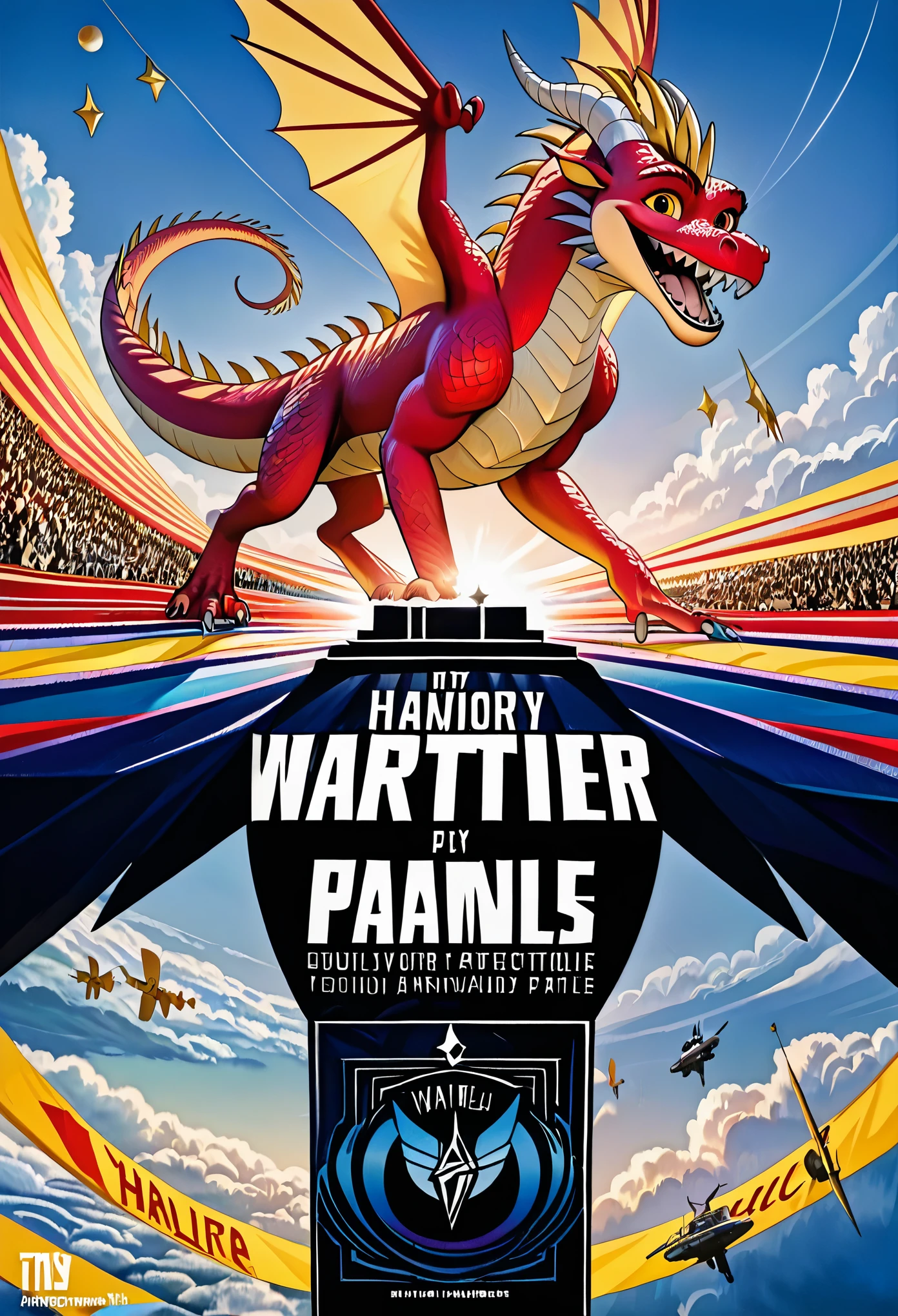movie poster, highres, top quality, best quality, paid reward available, unparalleled masterpiece, perfect artwork, absurdres, High-quality illustrations, super high resolution, detailed background, perfect anatomy(1girl, large gragon)(animation, movie of a Dragon and human girl)blue sky, smile, smile, happy, joyful, cinematic lighting, title logo,