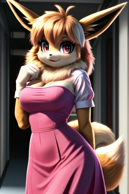 perfect face, Eevee (Pokemon), standing, very fluffy, college uniform, breasts, furry, 4k, 8k, perfect, realistic fur, female, strapless pink dress,
