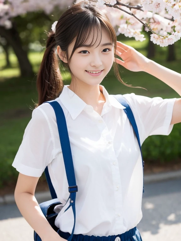 (masterpiece、high-level image quality、sharp focus)、Wearing a school white shirt with short sleeves、one shirt button is missing, A Japanese Lady、17 age、(perfect anatomia、Precise and beautiful limbs), simple girl with little smile, wind blows hair, short ponytail, big , Cherry blossoms, school bag