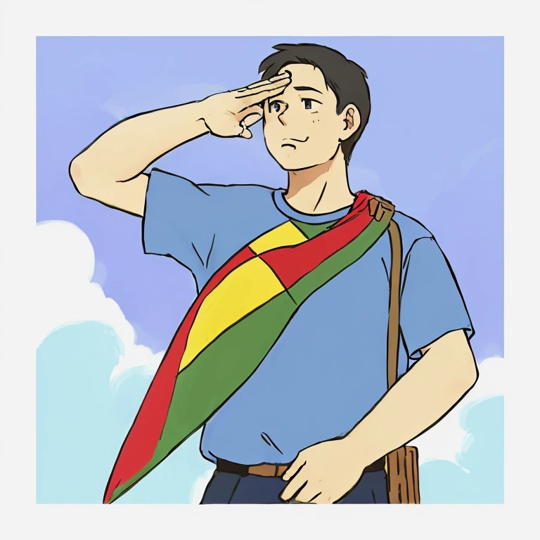 cartoon of a man saluting with a flag in red, green and yellow colors, inspired by Taiyō Matsumoto, saluting, inspired by Junpei Satoh, in the artistic style of quetzecoatl, illustration from wikihow, official fanart, looking proudly into the distance, harry volk style clip art, flag on the right shoulder, with four fingers on the forehead saluting.