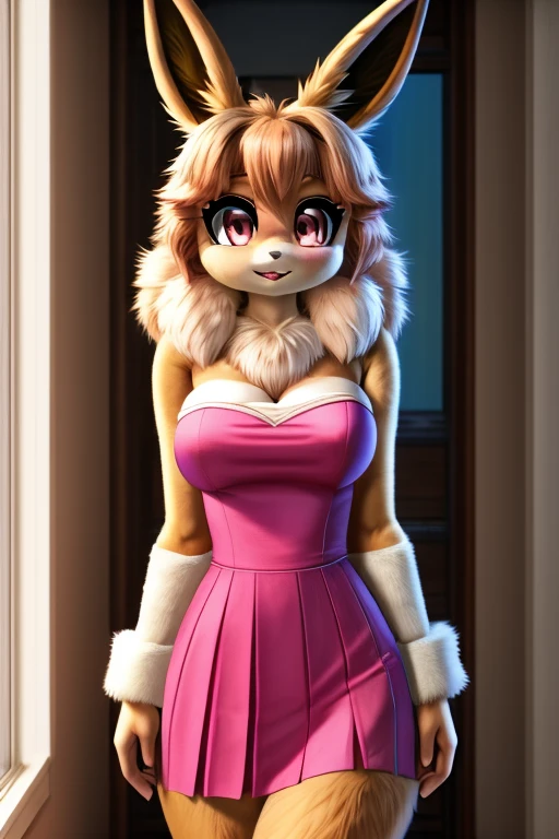 perfect face, Eevee (Pokemon), standing, very fluffy, college uniform, breasts, furry, 4k, 8k, perfect, realistic fur, female, strapless pink dress,