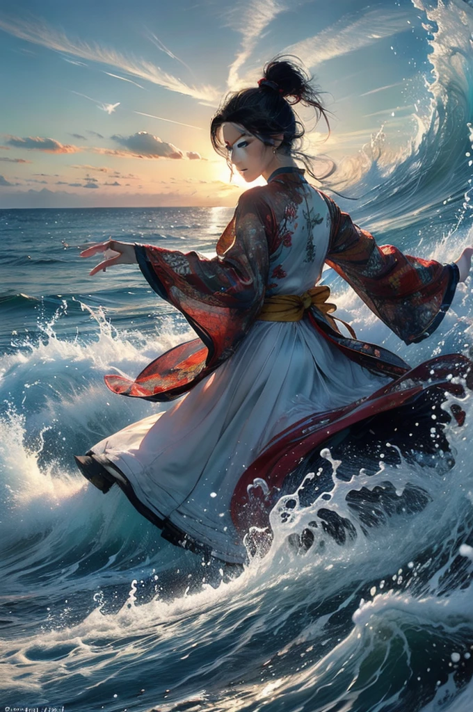 1girl, waves, water, solo, ponytail, black hair, long hair, jewelry, dress, chinese clothes, looking at viewer, splashing, sky, cloud, sash, ocean, hair ornament, outdoors, outstretched arm, outstretched hand,
Best quality,masterpiece,ultra high res,excellent detail, lush composition, cinematic atmosphere, dynamic dramatic ambient light, detailed, intricate, beautiful, rich deep colors, theatrical, stunning