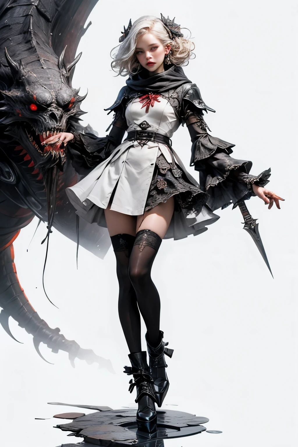 (((masterpiece, of the highest quality, super detailed))), (a witch belonging to an occult order of knights), (a knight crossed with a witch), Victorian era inspired, ((minimal but intricate beautiful armour)), Fluttering lace flared dress with frilly petticoats, ((nier automata meets bloodbourne)), (big forhead:1.2), ((dark hair)), (((Very sharp focused eyes))), very long eyelashes, occult aesthetic, (red and white clothing detailed and intricate steampunk and detailed gothic), (with a hood), complex lace boots,