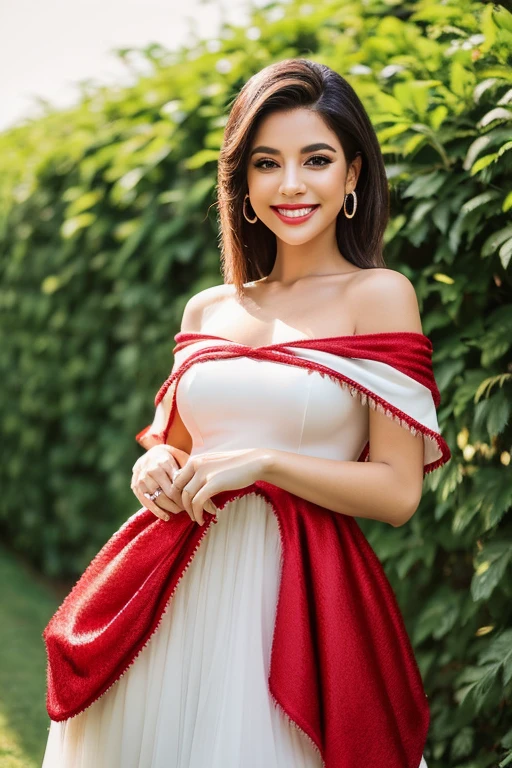 Mulher brasileira gordinha de cabelos lisos. Usando um vestido vermelho. Uma roupa discreta e elegante. Olhos verdes e sorriso bonito. Imagem fotorrealista