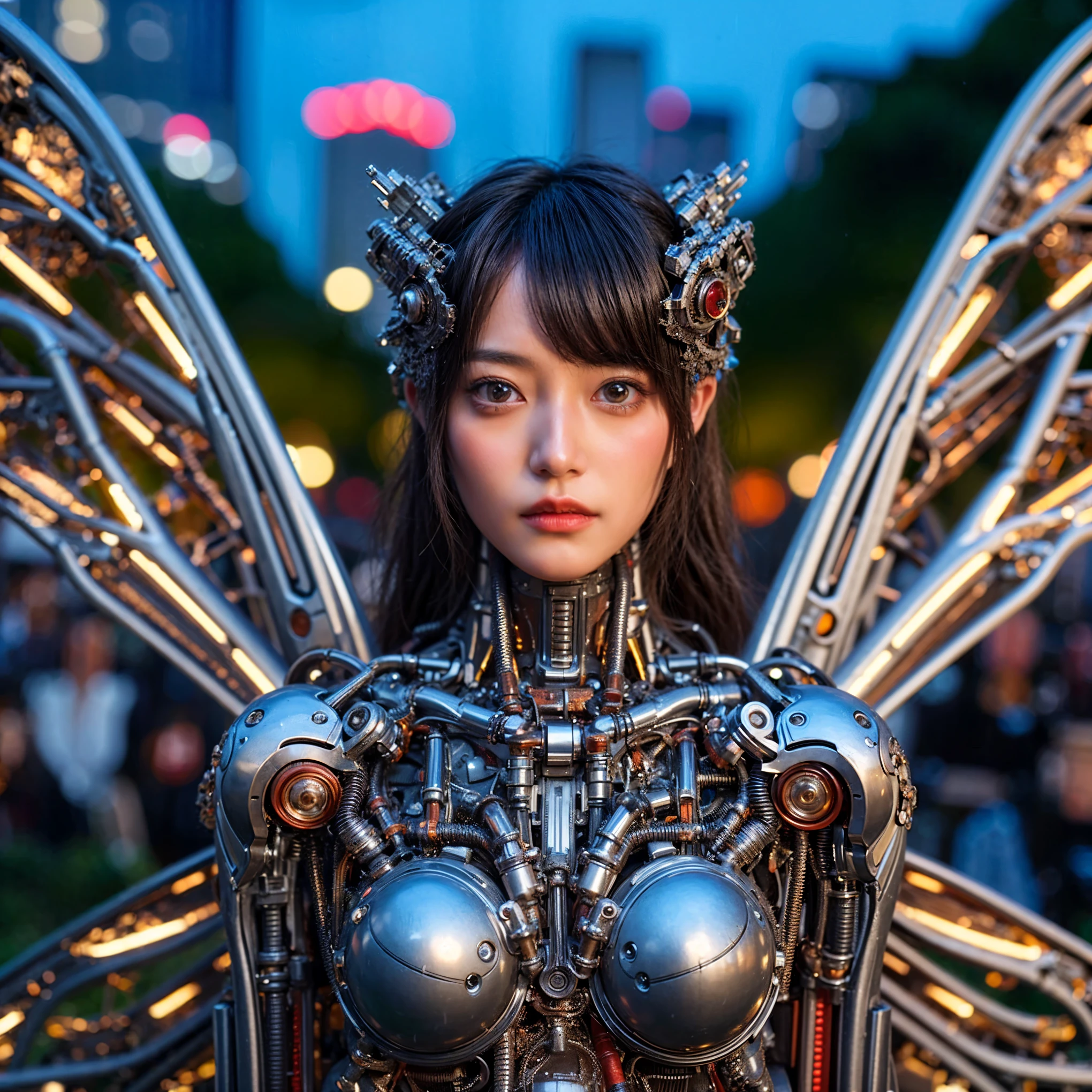 Masterpiece, (ultimate quality:1.2), 8k, Japanese woman in hedgehog-type powered suit, silver base with green and red accents, very beautiful face, mechanical, (mechanical bat wings), hydraulic cylinder, power pipe, ultimately intricate details, full body shot, (ultimate photo Realistic:1.37), Park with a beautiful view at night, (Steampunk: 1.2), (biopunk), Full body photo, Wide-angle shot, Please generate at least 4 photos.