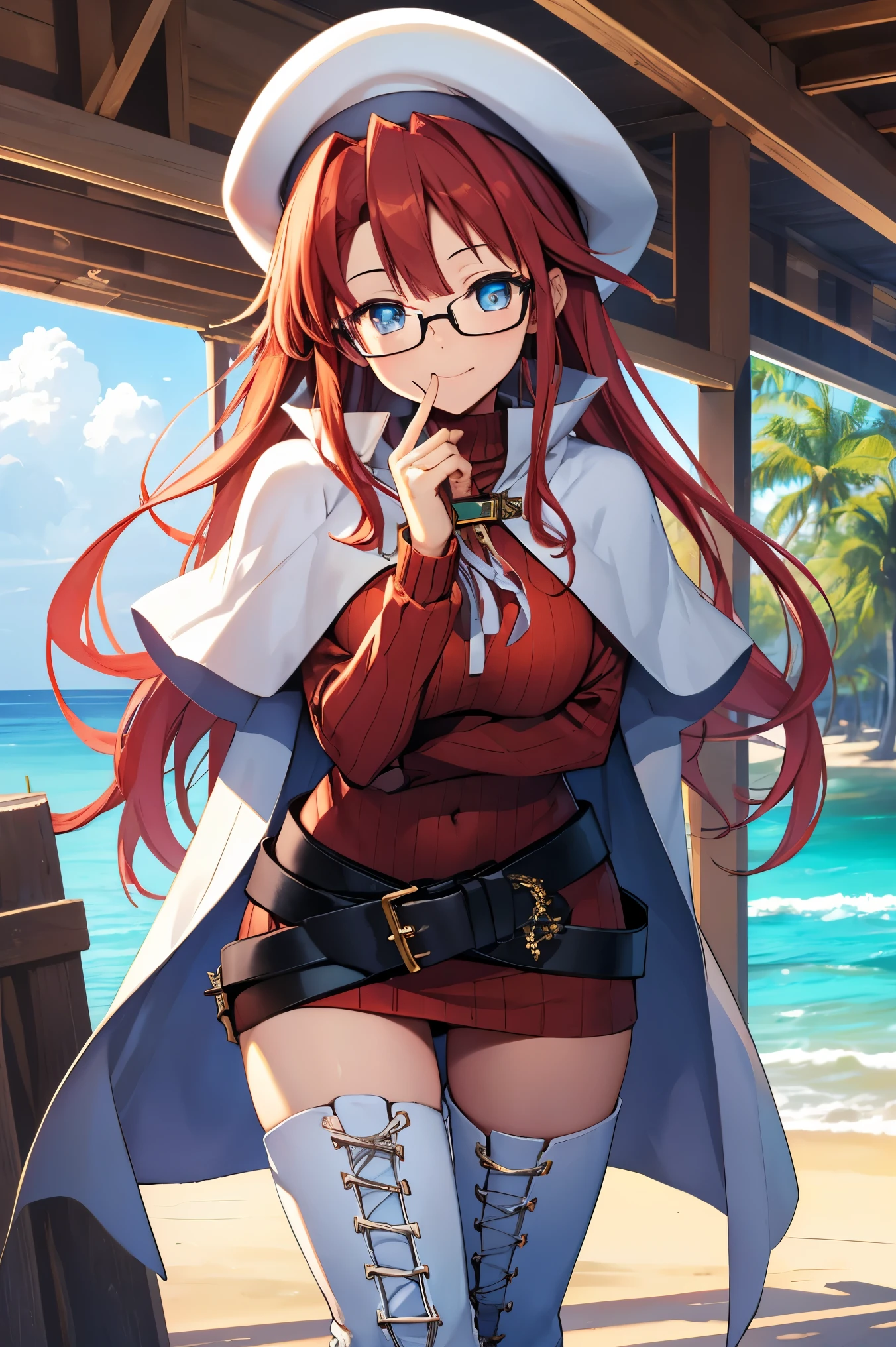 summonnightaty, aty, (young:1.3),long hair, blue eyes, red hair, big_berets, hat, glasses,
BREAK long hair, thighhighs, hat, dress, boots, glasses, belt, cape, sweater, zettai ryouiki, beret, thigh boots, white footwear, ribbed sweater, loose belt,solo,
BREAK outdoors, fantasy,on_beach,
,Highquality_hads,perfect_fingers,
BREAK (masterpiece:1.2), best quality, high resolution, unity 8k wallpaper, (illustration:0.8), (beautiful detailed eyes:1.6), extremely detailed face, perfect lighting, extremely detailed CG, (perfect hands, perfect anatomy),covered_nipples,covered_navel ,half_eyes,long_sword,sleepy,standing,red_sweater,apart_knees,magical_effect,spread_legs, have_a_book,teacher,rise_knee,Smile,rise_hand,look_down_viewer,spread_arms,sea​_waves