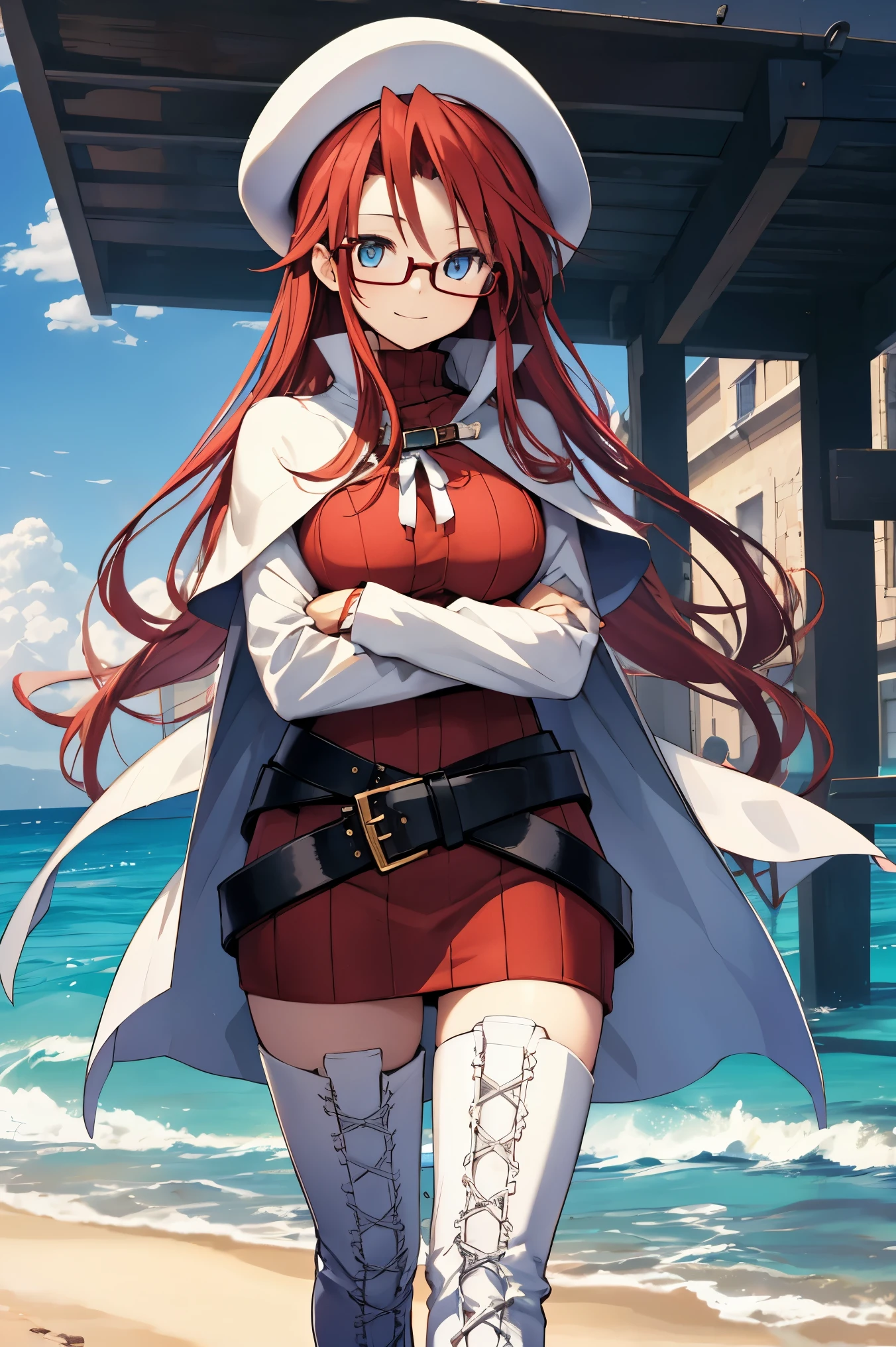 summonnightaty, aty, (young:1.3),long hair, blue eyes, red hair, big_berets, hat, glasses,
BREAK long hair, thighhighs, hat, dress, boots, glasses, belt, cape, sweater, zettai ryouiki, beret, thigh boots, white footwear, ribbed sweater, loose belt,solo,
BREAK outdoors, fantasy,on_beach,
,Highquality_hads,perfect_fingers,
BREAK (masterpiece:1.2), best quality, high resolution, unity 8k wallpaper, (illustration:0.8), (beautiful detailed eyes:1.6), extremely detailed face, perfect lighting, extremely detailed CG, (perfect hands, perfect anatomy),covered_nipples,covered_navel ,half_eyes,long_sword,sleepy,standing,red_sweater,apart_knees,magical_effect,spread_legs, have_a_book,teacher,rise_knee,Smile,rise_hand,look_down_viewer,spread_arms,sea_waves