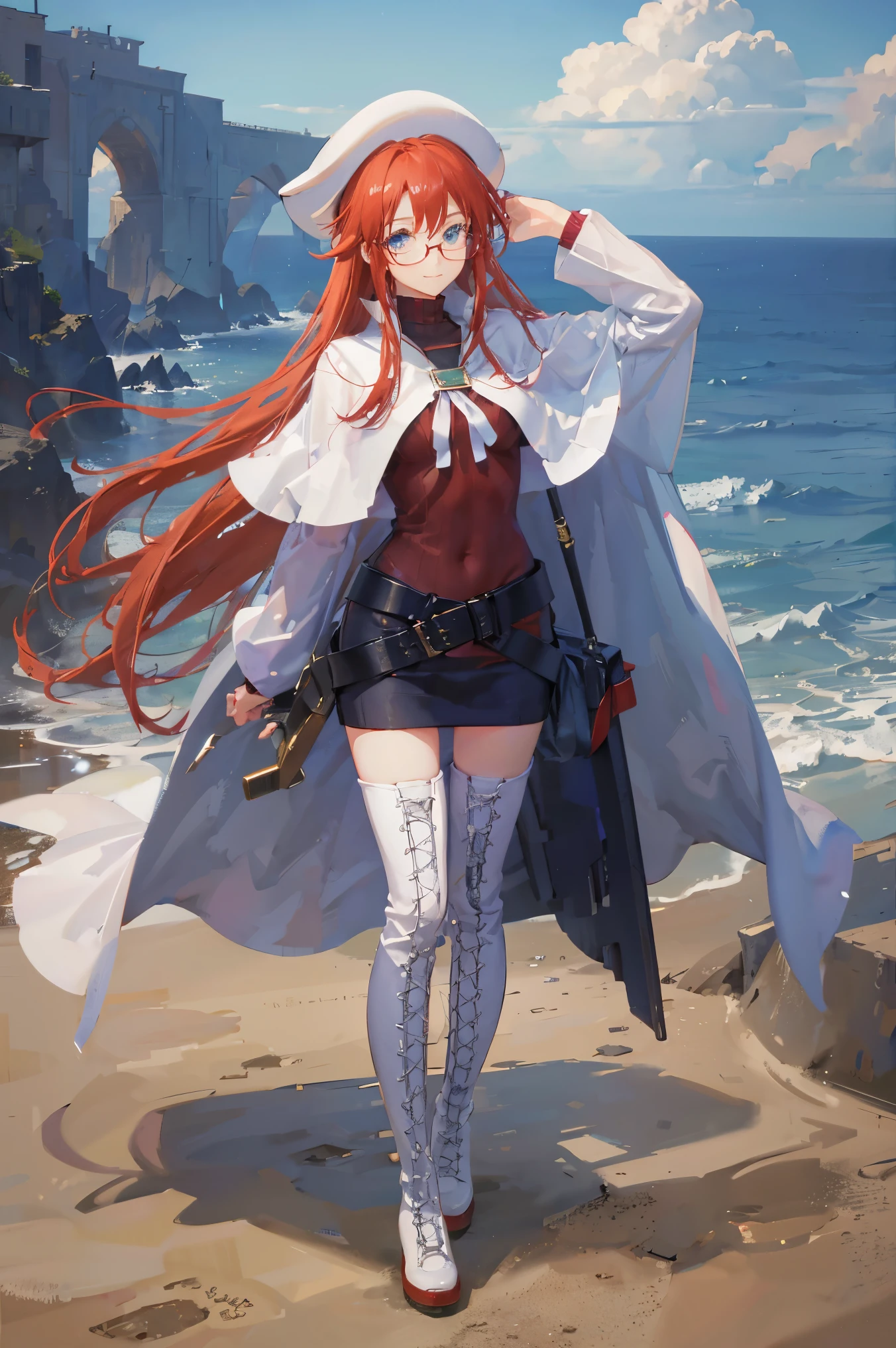 summonnightaty, aty, (young:1.3),long hair, blue eyes, red hair, big_berets, hat, glasses,
BREAK long hair, thighhighs, hat, dress, boots, glasses, belt, cape, sweater, zettai ryouiki, beret, thigh boots, white footwear, ribbed sweater, loose belt,solo,
BREAK outdoors, fantasy,on_beach,
,Highquality_hads,perfect_fingers,
BREAK (masterpiece:1.2), best quality, high resolution, unity 8k wallpaper, (illustration:0.8), (beautiful detailed eyes:1.6), extremely detailed face, perfect lighting, extremely detailed CG, (perfect hands, perfect anatomy),covered_nipples,covered_navel ,half_eyes,long_sword,sleepy,standing,red_sweater,apart_knees,magical_effect,spread_legs, have_a_book,teacher,rise_knee,Smile,rise_hand,look_down_viewer,spread_arms,sea​_waves