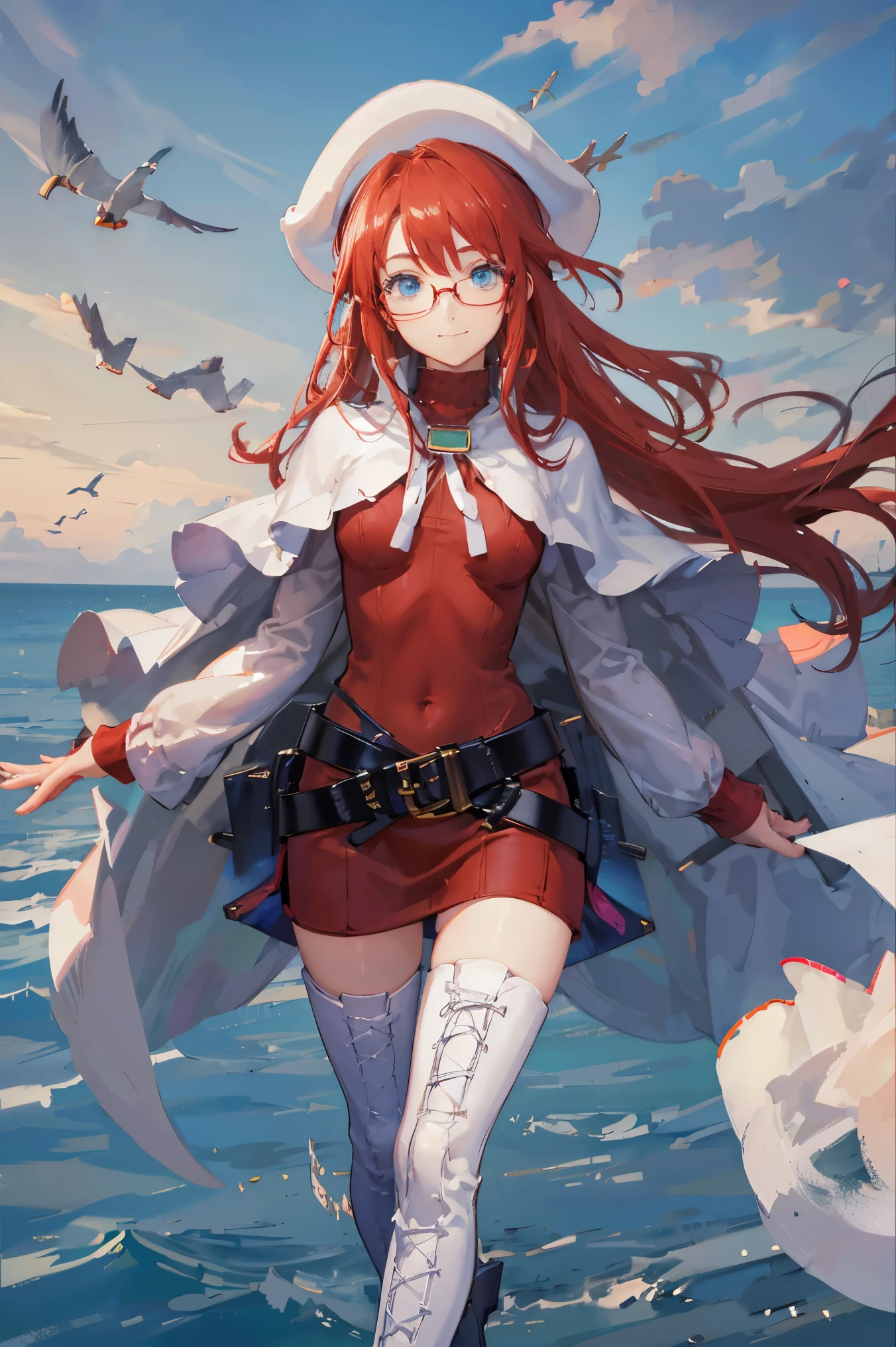 summonnightaty, aty, (young:1.3),long hair, blue eyes, red hair, big_berets, hat, glasses,
BREAK long hair, thighhighs, hat, dress, boots, glasses, belt, cape, sweater, zettai ryouiki, beret, thigh boots, white footwear, ribbed sweater, loose belt,solo,
BREAK outdoors, fantasy,on_beach,
,Highquality_hads,perfect_fingers,
BREAK (masterpiece:1.2), best quality, high resolution, unity 8k wallpaper, (illustration:0.8), (beautiful detailed eyes:1.6), extremely detailed face, perfect lighting, extremely detailed CG, (perfect hands, perfect anatomy),covered_nipples,covered_navel ,half_eyes,long_sword,sleepy,standing,red_sweater,apart_knees,magical_effect,spread_legs, have_a_book,teacher,rise_knee,Smile,rise_hand,look_down_viewer,spread_arms,sea​_waves