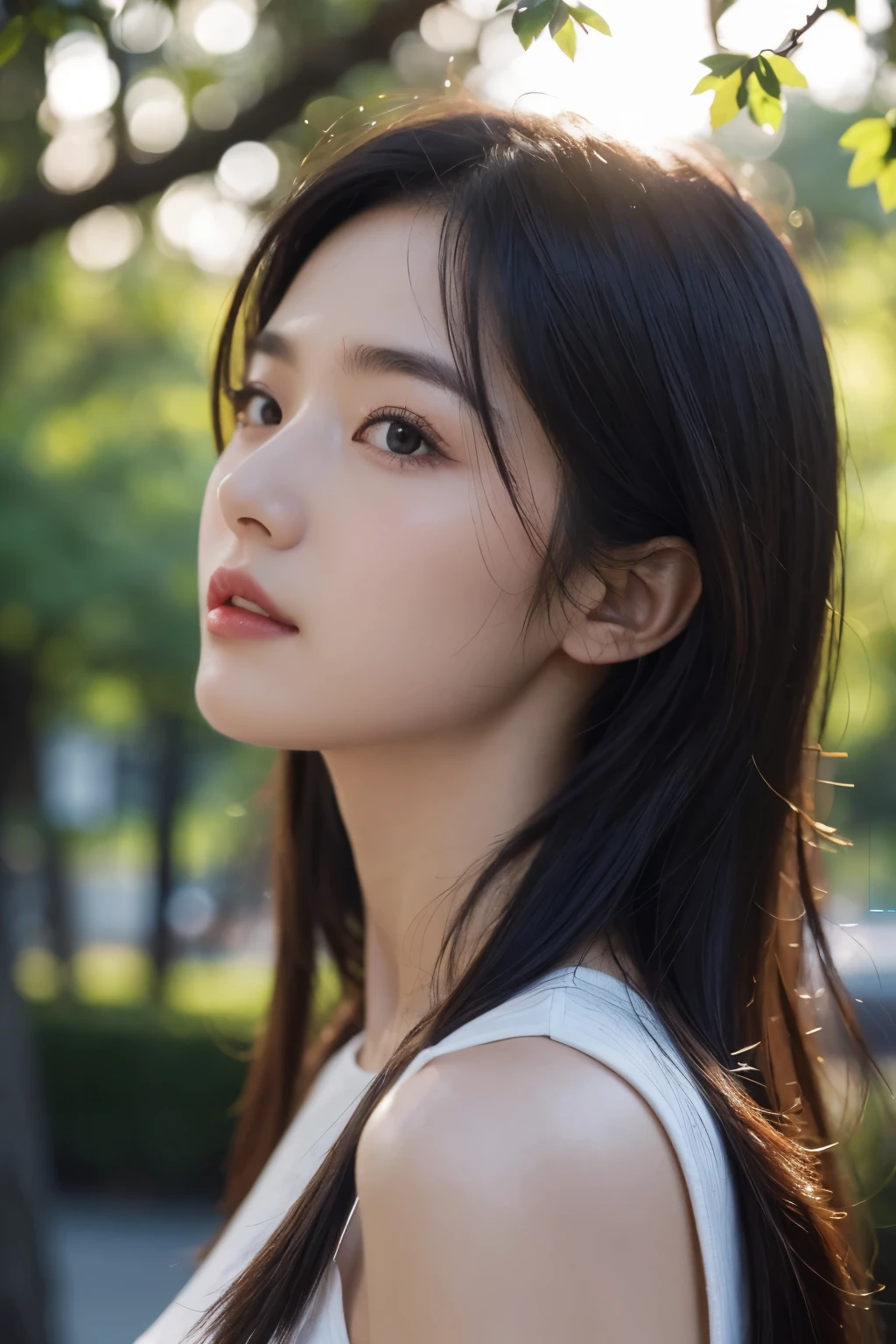 adult girl, close shot, (face upward:0.7), looking at viewer, (sun light and tree shadow on the face),
(masterpiece:1.2), (best quality:1.2), (extremely detailed:1.2), (photorealistic:1.1), (ultra detailed),