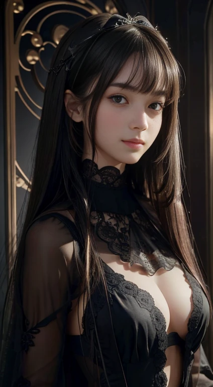 (Ultra-realistic), (figure), (Increased resolution), (8k), (Very detailed), (Best figure), (Beautiful and detailed), (highest quality), (Super detailed), (masterpiece ), ( wallpaper), (Detailed face), alone, 1 girl, View Viewer, Fine details, Detailed face, In the Dark, Deep Shadow, Modest, Pure Erotic Face Ace_v1, smile, Long Hair, Black shawl Straight hair , 46 point diagonal bangs