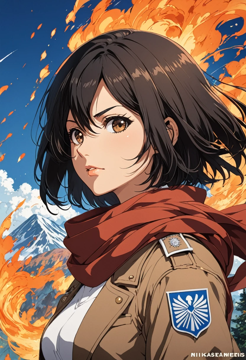 90s Cartoon art style, anime style, 1girl, solo, looking at viewer, short hair, bangs, shirt, black hair, hair between eyes, brown eyes, closed mouth, jacket, white shirt, upper body, artist name, scarf, open jacket, lips, wind, portrait, red scarf, brown jacket, nose, emblem, paradis military uniform, embers, survey corps (emblem), mikasa ackerman, best quality, masterpiece, very aesthetic, perfect composition, intricate details, ultra-detailed