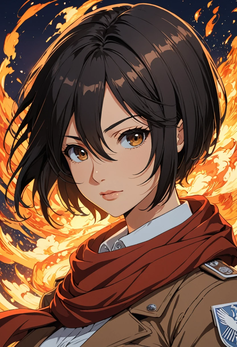 90s Cartoon art style, anime style, 1girl, solo, looking at viewer, short hair, bangs, shirt, black hair, hair between eyes, brown eyes, closed mouth, jacket, white shirt, upper body, artist name, scarf, open jacket, lips, wind, portrait, red scarf, brown jacket, nose, emblem, paradis military uniform, embers, survey corps (emblem), mikasa ackerman, best quality, masterpiece, very aesthetic, perfect composition, intricate details, ultra-detailed