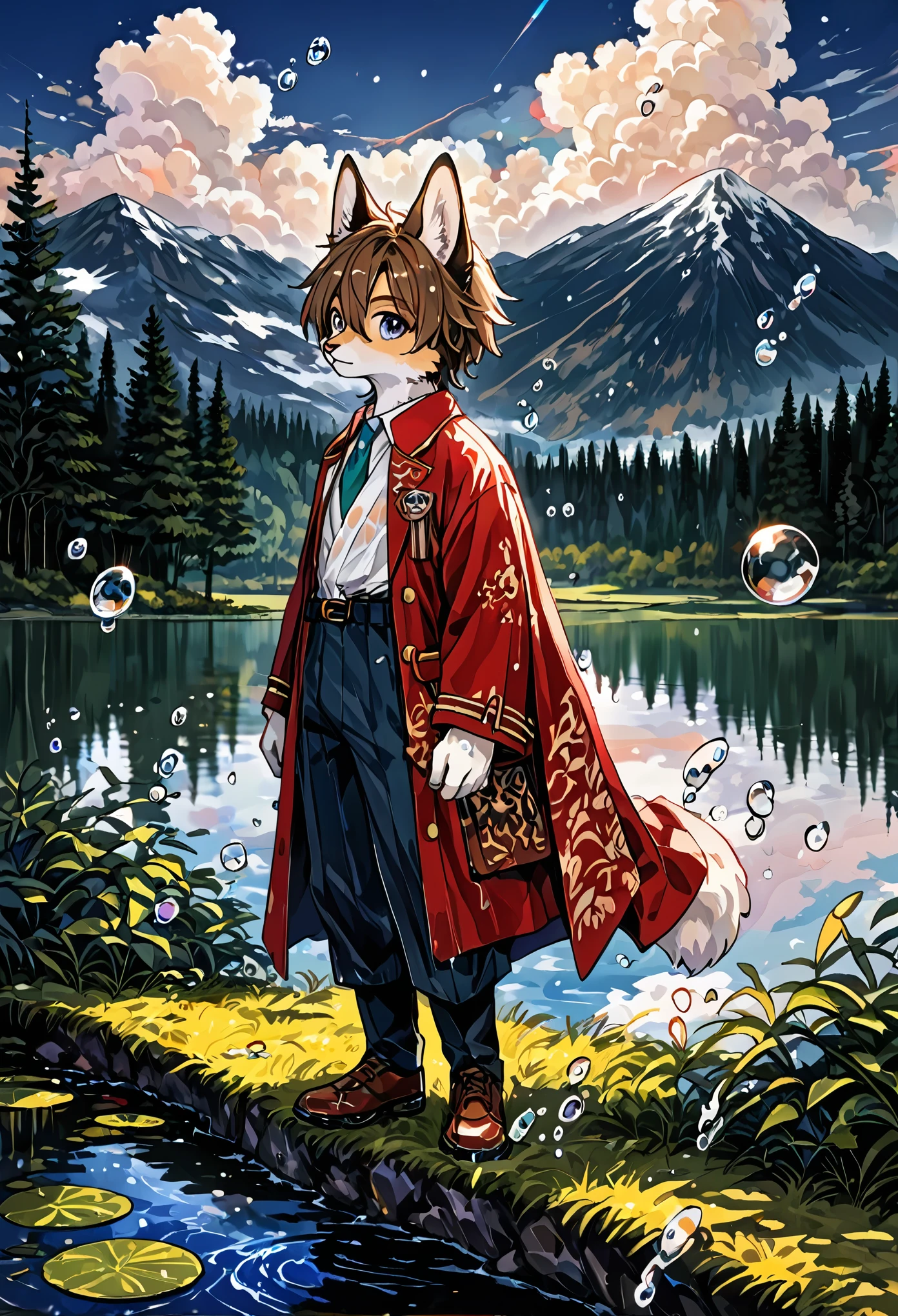 High-quality illustrations by Claude Monet, Impressionism, cover_page, highres, absurdres, detailed background, lake, dawn, detailed forest, clouds, Mysterious and romantic atmosphere, caustics surface(refraction, polarization)perfect anatomy(handsome 1boy, single, kemono, solo focus)volumetric lighting, Wet clothes, Water droplets(furry anthro)(very detailed body fur)full body, soft and delicate color palette, dramatic composition,