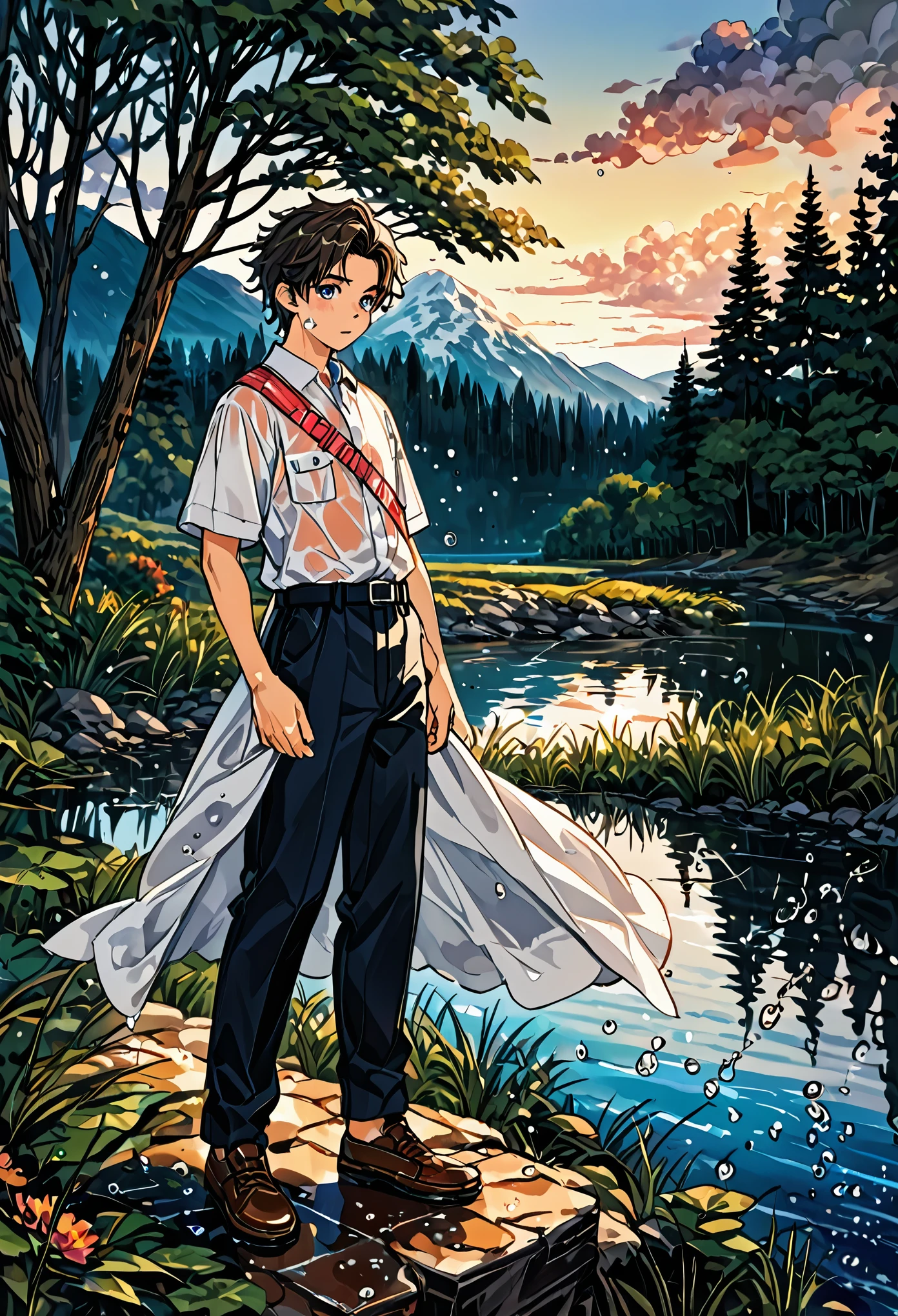 High-quality illustrations by Claude Monet, Impressionism, cover_page, highres, absurdres, detailed background, lake, dawn, detailed forest, clouds, Mysterious and romantic atmosphere, caustics surface(refraction, polarization)perfect anatomy(handsome 1boy, single, kemono, solo focus)volumetric lighting, Wet clothes, Water droplets(furry anthro)(very detailed body fur)full body, soft and delicate color palette, dramatic composition,