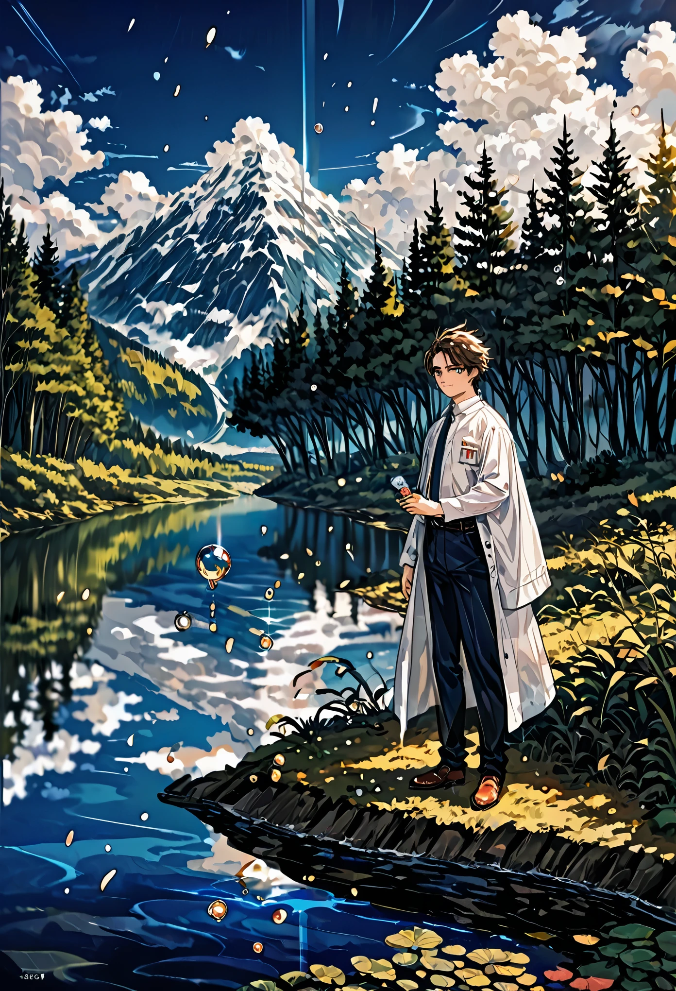 High-quality illustrations by Claude Monet, Impressionism, cover_page, highres, absurdres, detailed background, lake, dawn, detailed forest, clouds, Mysterious and romantic atmosphere, caustics surface(refraction, polarization)perfect anatomy(handsome 1boy, single, kemono, solo focus)volumetric lighting, Wet clothes, Water droplets(furry anthro)(very detailed body fur)full body, soft and delicate color palette, dramatic composition,
