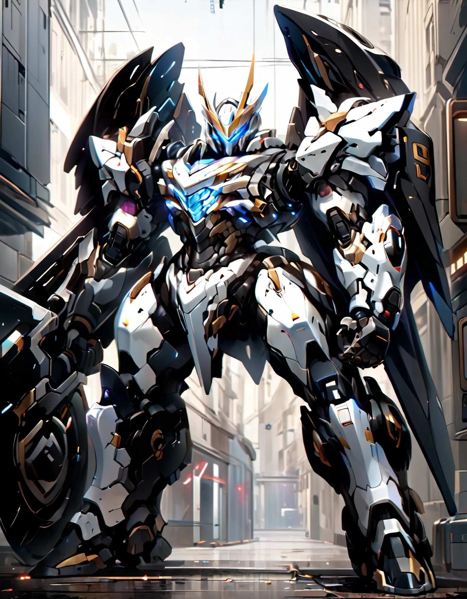 Mecha is standing sideways facing the front, on his arm is a shield in the shape of a motorbike wheel
