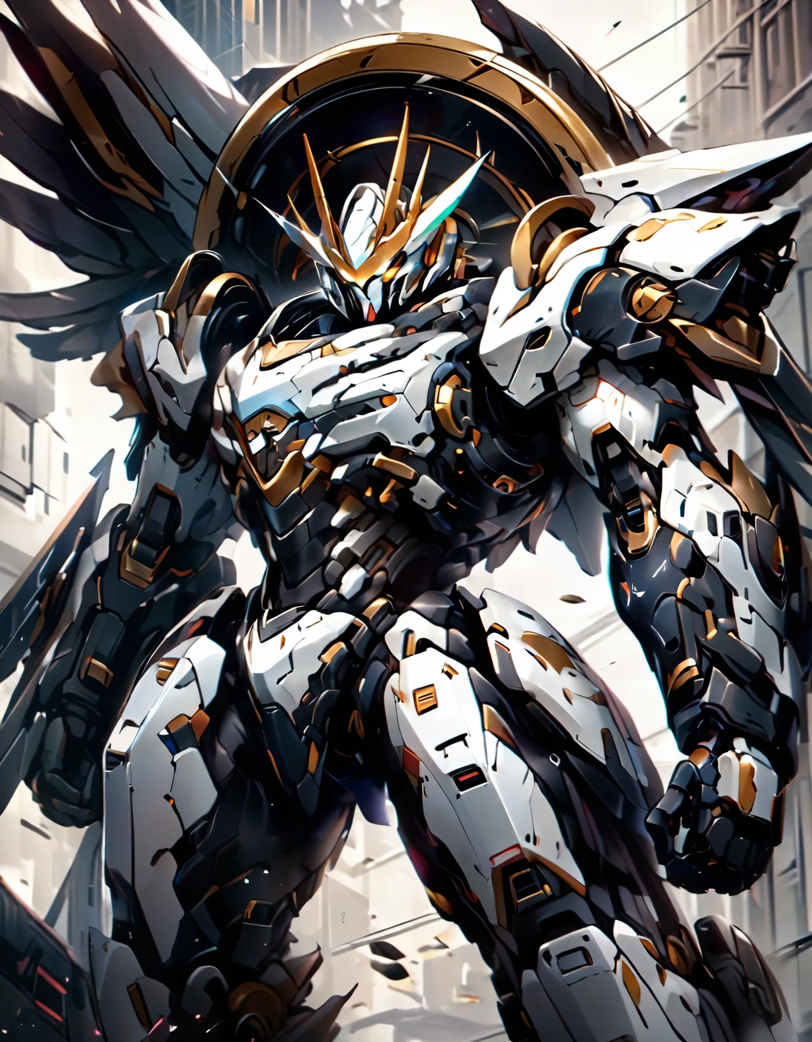 Mecha is standing sideways facing the front, on his arm is a shield in the shape of a motorbike wheel