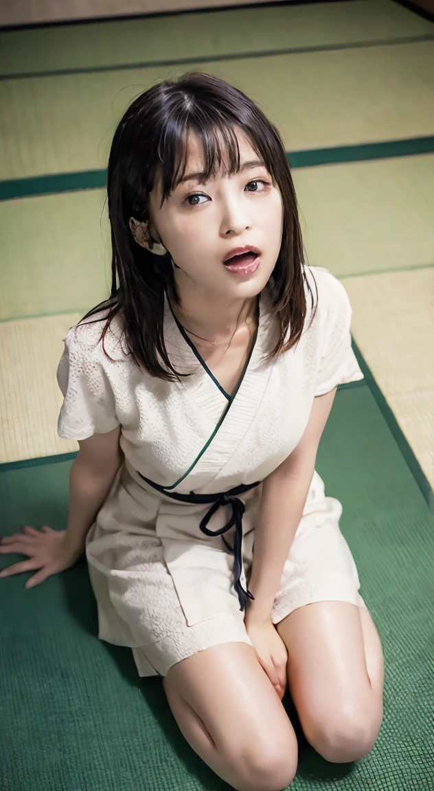 sit on the tatami in a Japanese-style room、Beautiful woman looking up、Open your mouth、I'Iはあなたを愛情深く見ています、30 years old、Japanese woman、One Woman、Bob Hair、Brown Hair、White lace bra、((Looking down from above:1.8), (Upturned eyes :1.5), She poses seductively on her hands and knees on the floor, Looking up seductively, Open your mouth:1.3、Part your lips:1.3、Looking at the camera)、Browsing Caution、orgasm、My chest is wide open、Small breasts、Nipples、((highest quality, 8k, RAW Photos, masterpiece :1.3)), (Realistic、Photorealistic:1.37)、Very detailed、Ultra-high resolution, (Professional Lighting), alone, 1 female, alone, Seeing the viewer, (30 years old), Japanese, Beautiful and elaborate face, Shining Eyes, (Slim waist :1.3), Fine and beautiful skin, Skin Texture,