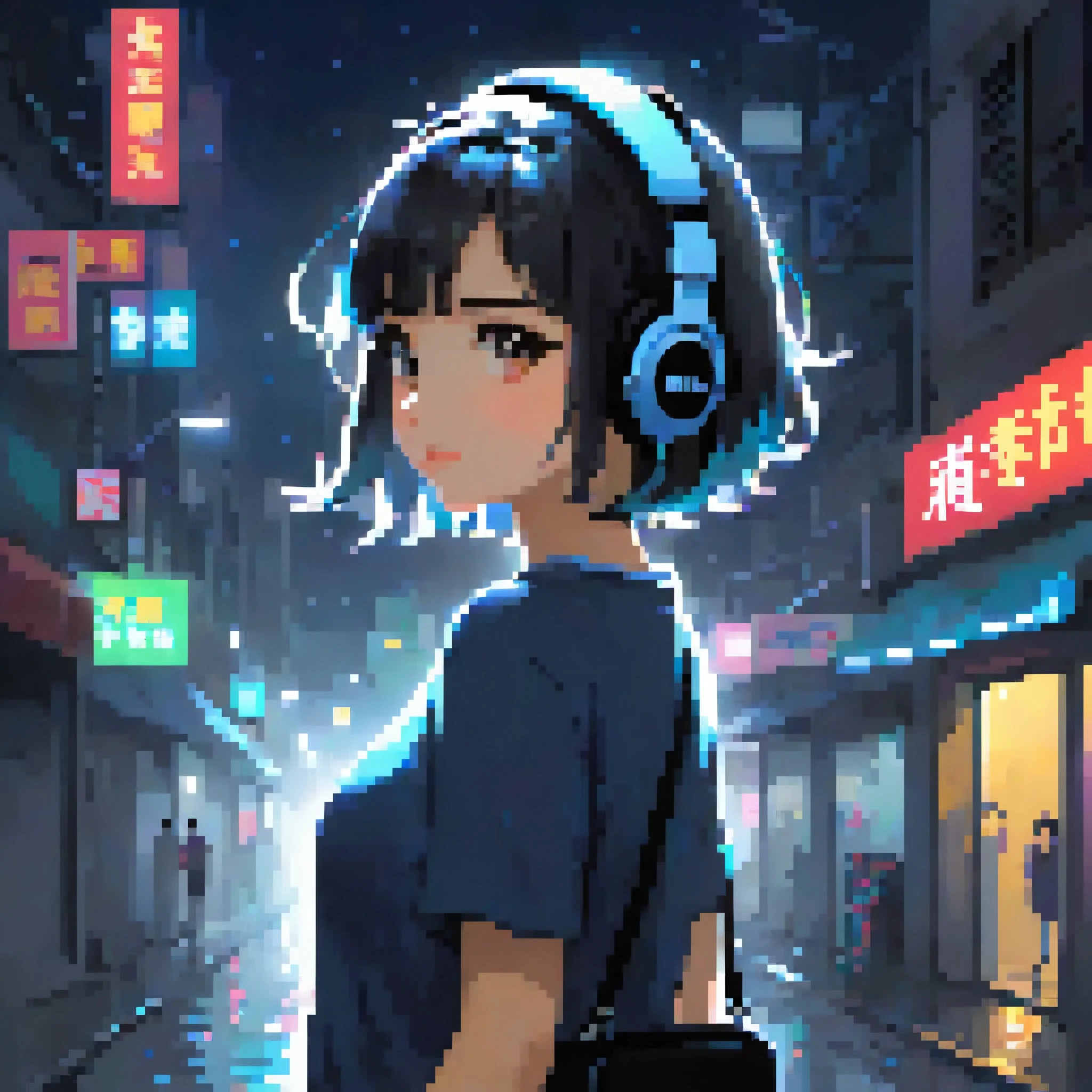 A girl , walking on the dark stress , she is the only light of that stress , she use headphone, bob hair,